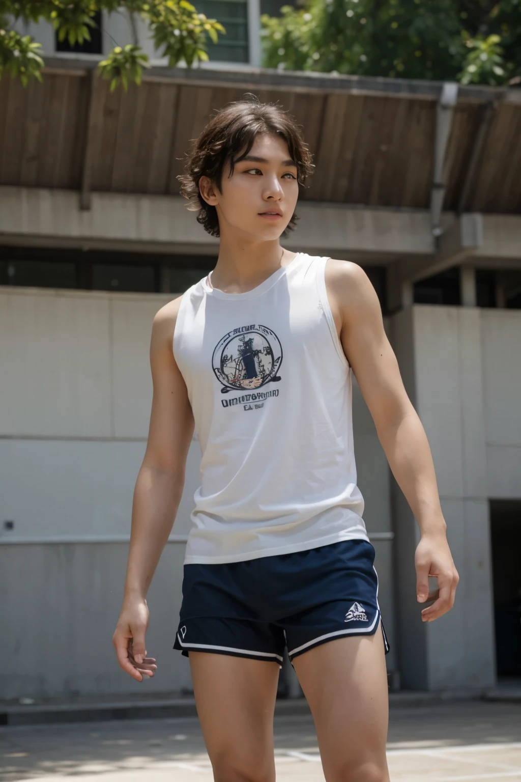 ((best quality)), ((masterpiece)), (detailed), perfect face, Korean young man, Short perm hair, white sleeveless t-shirt, wearing shorts, sunlight, on the basketball court, morning, full body shot, Low Angle