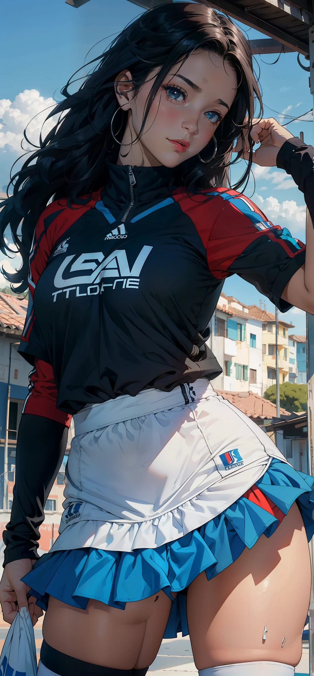 1mujer,34 years,moro liberation front,ciruela,, solo,(Fondo con:Campo de voleibol), Tiene el pelo ????? muy corto,Cabeza BOBO,Mira de frente, cabello lacio, The sky is mostly cloudy.,(((obra maestra),(Fondo de pantalla CG unificado 8k muy detallado),Mejor calidad,movie lighting,fondo detallado,hermosas pupilas detalladas,(muy delicado y hermoso),(Description of beautiful and detailed eyes.),ultra-detallado,obra maestra,))Labio rojo,looking to the camera,A high resolution,ultra-detallado),dedos de camello,anhelo insatisfecho,football player ,(vestido:tanga,Esquema de color azul y blanco)Audiencia positiva