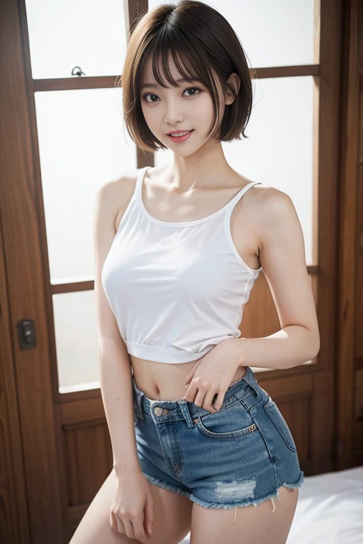 short-cut hair,Beautiful,K-pop idol,japanese idol,Japanese actress,high resolution,Beautiful skin,8k,RAW photo,best quality,masterpiece,realistic,photo-realistic,clear,professional lighting,beautiful face,best quality,ultra high res,whole body,sexy,beautiful legs,beautiful row of teeth, beautiful lips,smile,Laugh,White underwear,Denim shorts