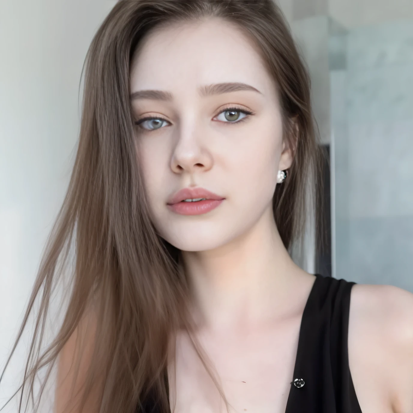 a close up of a woman with long hair wearing a black top, 19 year old girl, Anna Nikonova aka Newmilky, Dilireba, Young and beautiful 18 year old, extremely pale skin,  extremely beautiful face, pale skin, Naturally soft and pale skin。8k wallpaper ultra clear