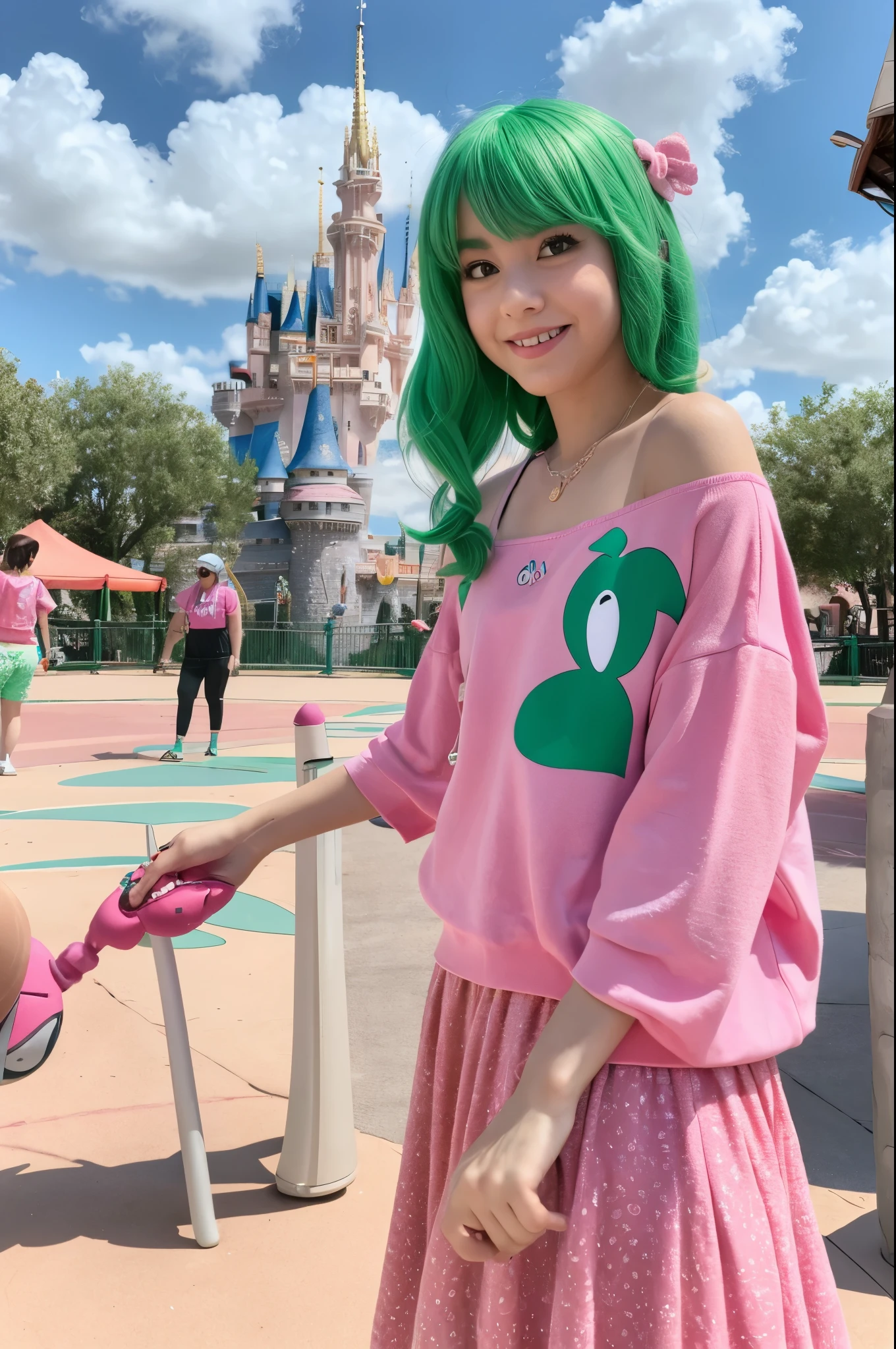 Green hair and pink clothes play games with Olmila at Disney