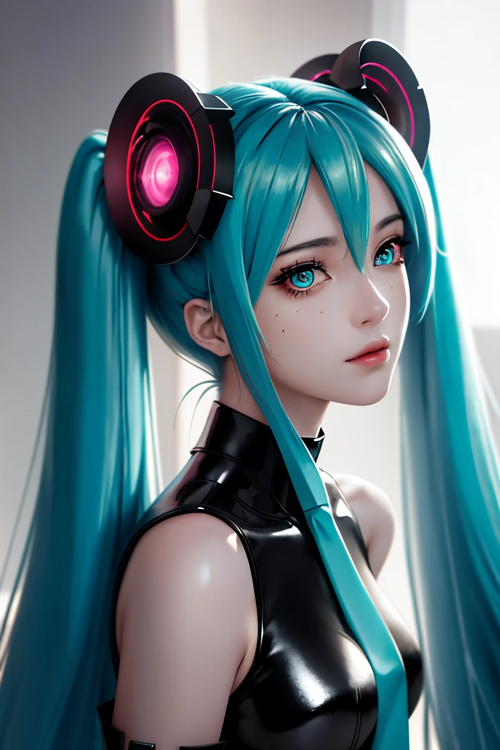 Anime, Girl, (((1girl))), (((Waifu, VOCALOID, Miku Hatsune Waifu))), ç(((Long Hair, Twintails Hair))), ((Cyan Eyes eyes:1.3, Upturned Eyes: 1, Perfect Eyes, Beautiful Detailed Eyes, Gradient eyes: 1, Finely Detailed Beautiful Eyes: 1, Symmetrical Eyes: 1, Big Highlight On Eyes: 1.2)), (Detailed Body, (Detailed Face)), Face Close-up, Facing Front, Facing Camera, Young, (Best Quality), Shirt, Loose Skirt, Modest Clothing, Skin Covered, High Resolution, Sharp Focus, Ultra Detailed, Extremely Detailed, Extremely High Quality Artwork, (Realistic, Photorealistic: 1.37), 8k_Wallpaper, (Extremely Detailed CG 8k), (Very Fine 8K CG), ((Hyper Super Ultra Detailed Perfect Piece)), (((Flawlessmasterpiece))), Illustration, Vibrant Colors, (Intricate), High Contrast, Selective Lighting, Double Exposure, HDR (High Dynamic Range), Post-processing, Background Blur, Inky Shadows, Darker Shadows, Thick Shadows, High Quality Shadows, high detail, realistic, Cinematic Light, sidelighting, Lens Flare, Ray tracing, sharp focus,