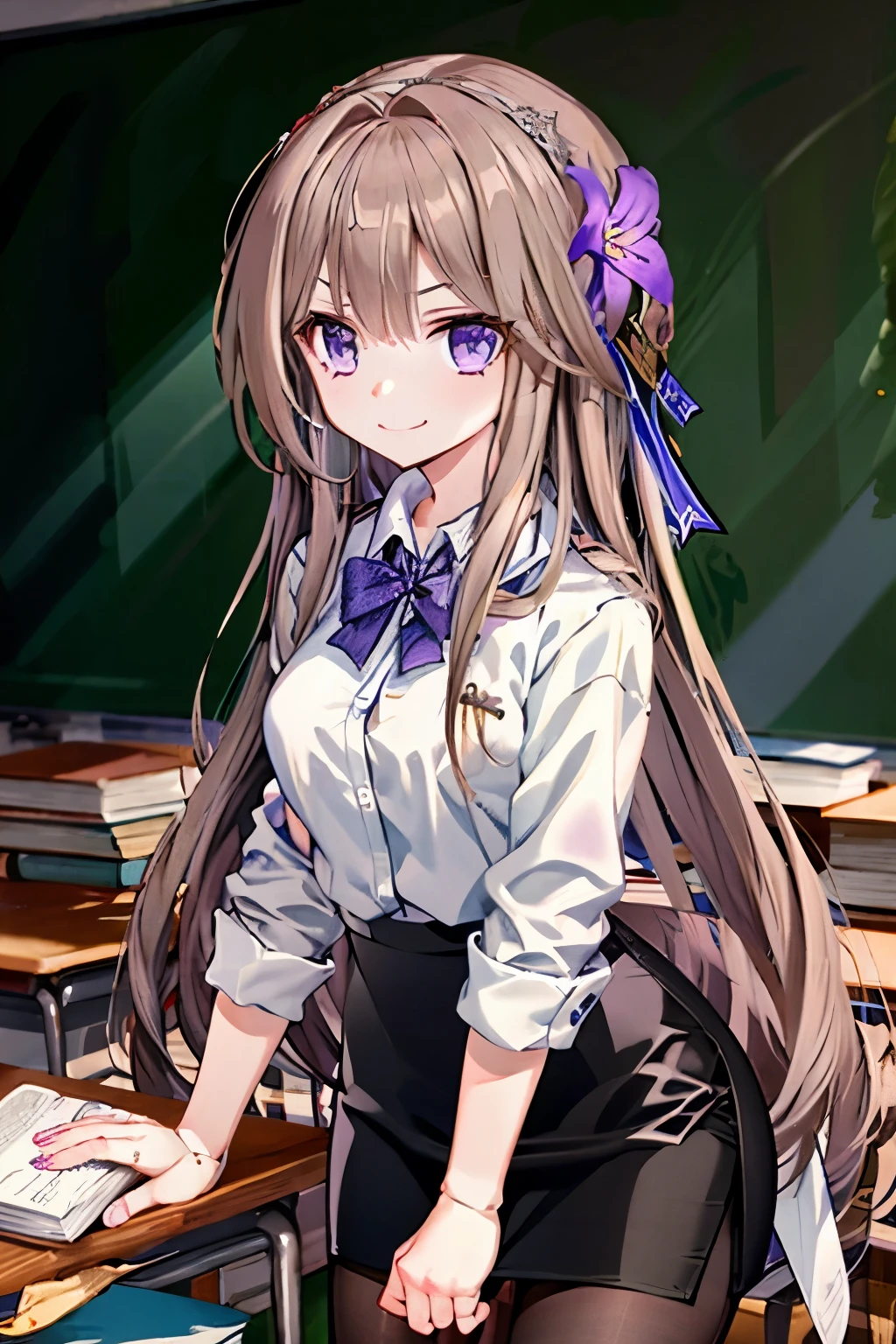 1 woman, Hertha \(honkai: star rail\), doll joints, white shirt, pencil skirt, pantyhose, cowboy shot, holding a book, smirk, looking at viewer, classroom, blackboard, depth of field