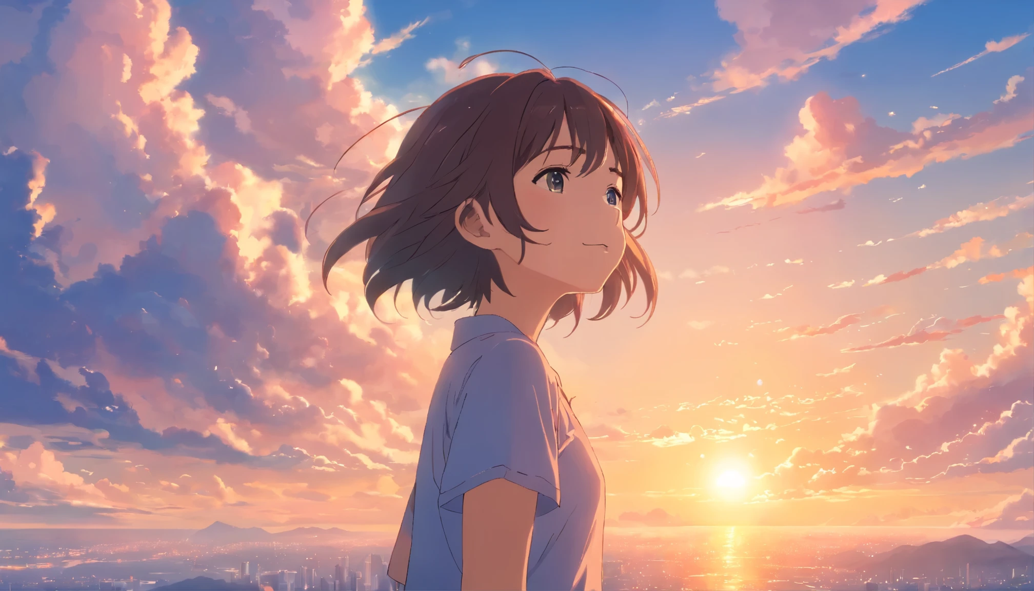 masterpiece, highest quality, movie stills, 1 girl, cloud girl, floating in the sky, close, bright, Happy, warm and soft lighting, sunset, (sparks:0.7)