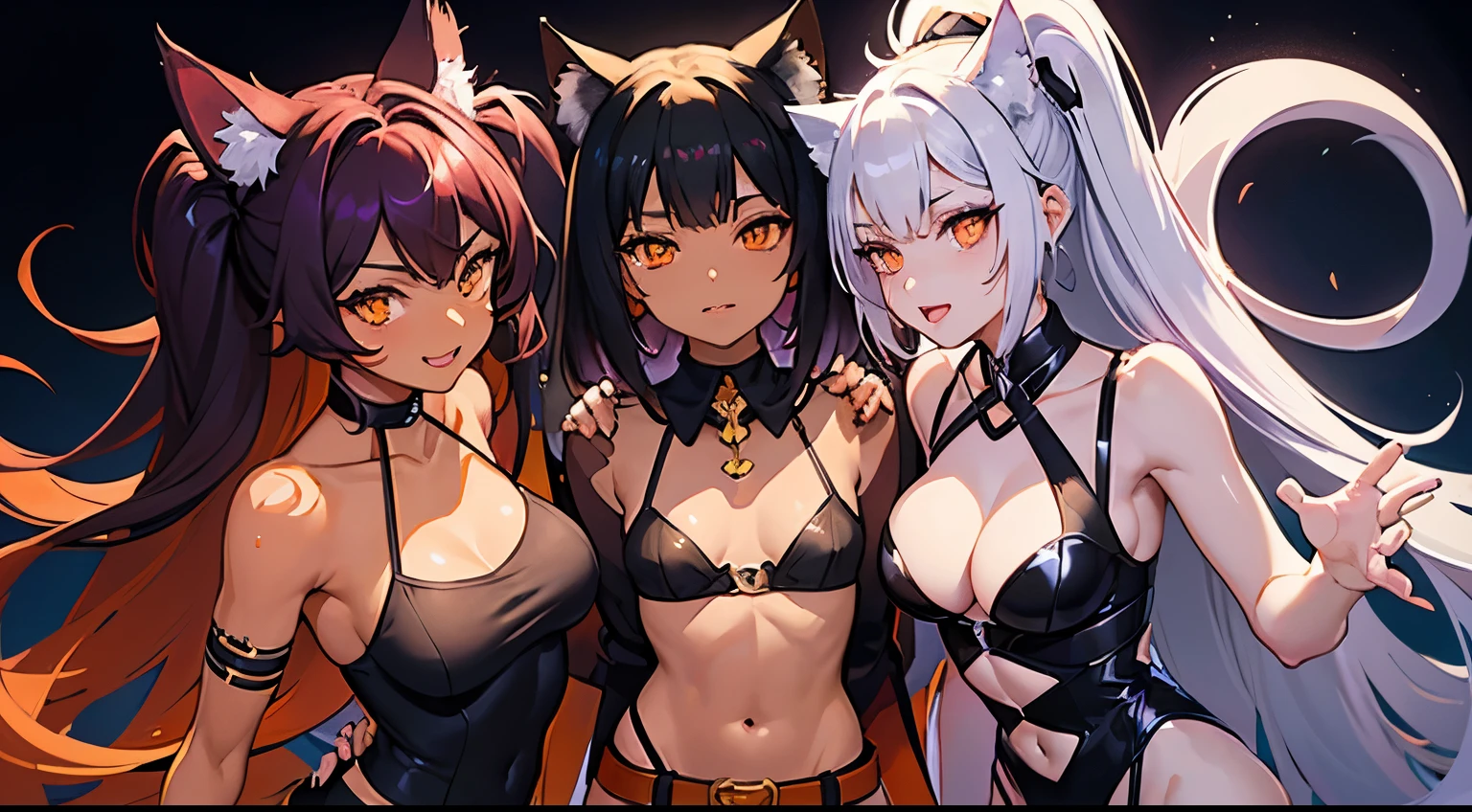 Jahy adult form with medium breasts, wearing a dark purple top sexy, cat like ears to the sides, teeth like a cat, (light tanned skin), (orange colored cat like eyes), (sfw), (detailed eyes), dark purple hair, wearing black short shorts with a yellow belt buckle, 