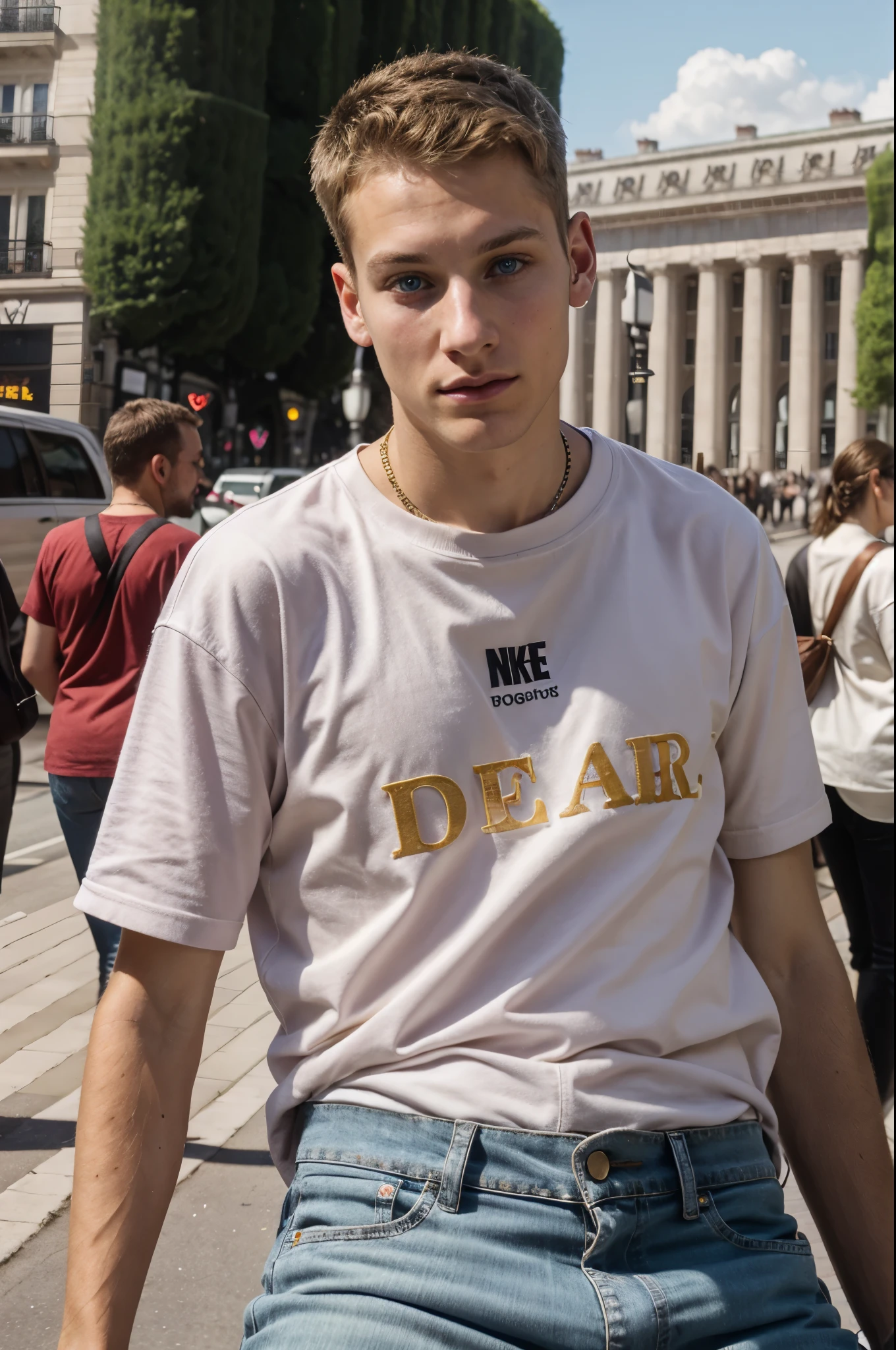 Blond man, 20 years old, seductive blue eyes. He poses gracefully on the Avenue des Champs-Élysées with the Arc de Triomphe in Paris in the background. The sunlight falls on him and illuminates his figure as he wears jeans, T-shirt and white Nike Air Force 1. His clothes emphasize his muscular body. A natural, unfiltered atmosphere surrounds the scene, which was shot in the heart of the day with Kodak Gold 400 film, resulting in an extremely realistic photo.