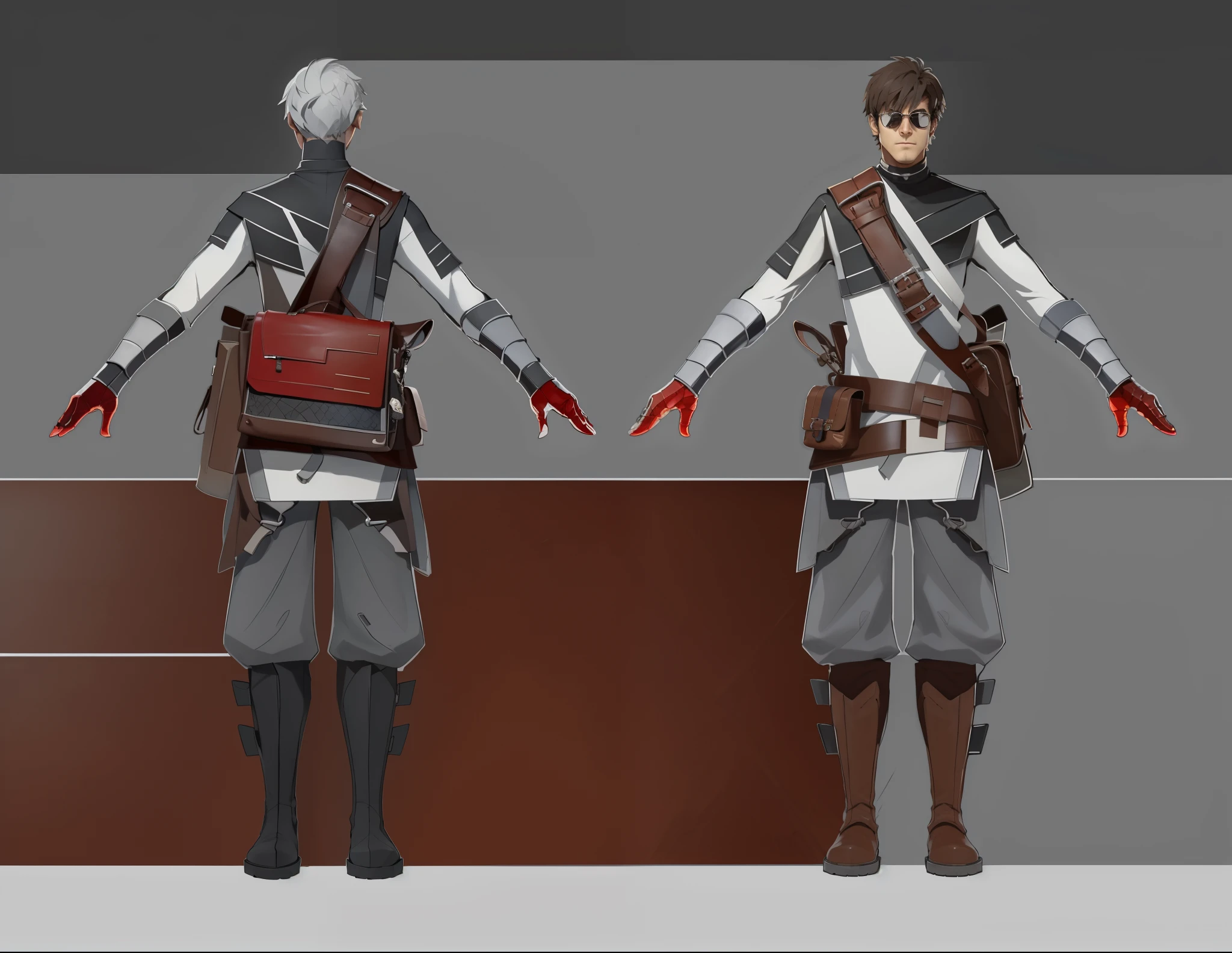 (masterpiece:1.1),(highest quality:1.1),(HDR:1),a close up of a man with a medieval fantasy bag and a backpack, full body character concept, full body concept, detailed full body concept art, concept shirt, detailed full body concept, full body concept art, philosopher medieval style character, game character design, concept character, full body character concept art, 3 d character reference sheet, male, video game character concept, detailed character design, character sheet, character model sheet turnaround , front and back, front and back, medieval philosopher wearing black and white shirt with leather bag full of paper, white and black costume, ( red pants ), philosopher glasses, ( brown leather boots ), waist leather bag, Shoulder Armor with Moonlit Edges, grey clean background