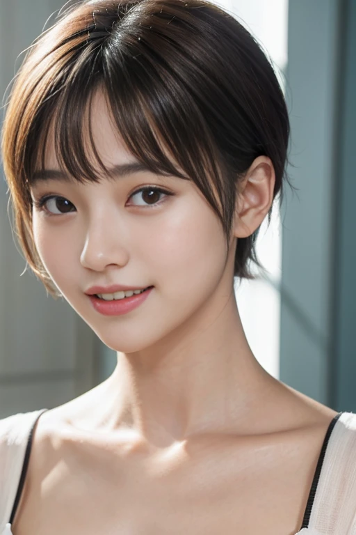 short-cut hair,Beautiful,K-pop idol,japanese idol,Japanese actress,high resolution,Beautiful skin,8k,RAW photo,best quality,masterpiece,realistic,photo-realistic,clear,professional lighting,beautiful face,best quality,ultra high res,sexy,beautiful row of teeth, beautiful lips,smile,Laugh,
