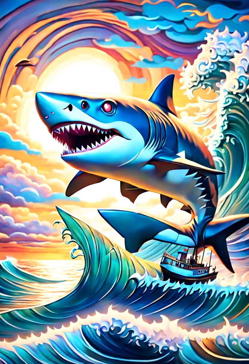 neo-impressionism expressionist style showing a steampunk mechanical shark with bright glowing eyes jumping out of a wave, striated clouds, beautiful warm origami sunset, tiny boat in background, crashing waves, vector fractal, wave function, zentangle, deep vibrant warm soothing colors, smooth post-impressionist impasto oil painting, volumetric lighting, volumetric cloud, ultradetailed shadows