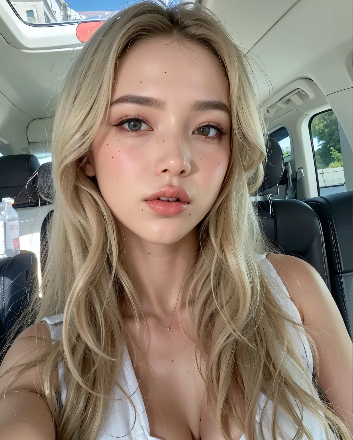 mulher loira com cabelos longos e blusa branca em um carro, Sydney Sweeney, tongue out, pouty lips, rosto sexy, Rosto extremamente lindo, flawless face, thick lips, sem maquiagem, Anya Taylor alegria, parted lips, lindo rosto delicado, Kailee Mandel, ela tem um rosto fofo, Retrato de Sophie Mudd, deusa loira, modelo do instagram, rosto perfeito