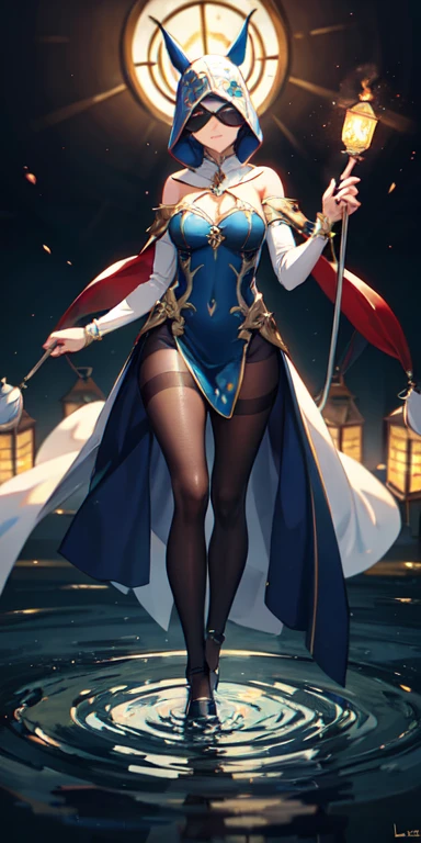 ((best quality)), ((masterpiece)), (detailed),full body anime picture of a masked mage , water , hooded , sleeveless strapless outfit , gown , french gown , mask , pantyhose ,  leotard , mage , holding lantern , completely blue clothing , hidden eyes