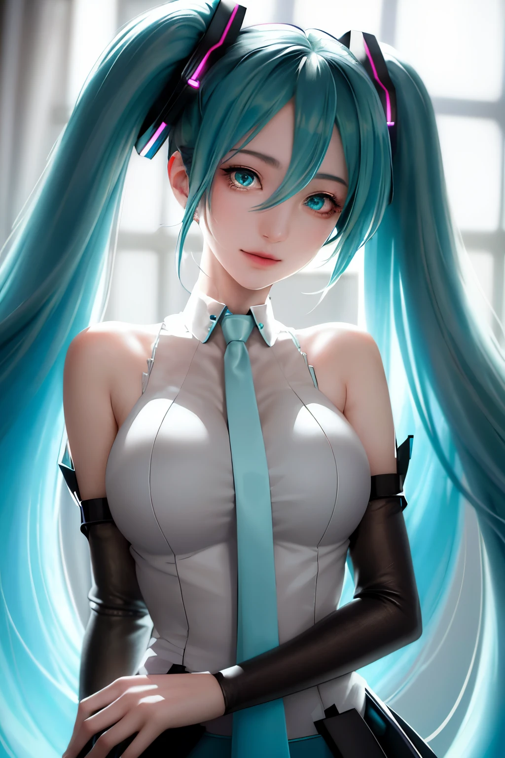 Anime, Girl, (((1girl))), (((Waifu, VOCALOID, Miku Hatsune Waifu))), ç(((Long Hair, Twintails Hair))), ((Cyan Eyes eyes:1.3, Upturned Eyes: 1, Perfect Eyes, Beautiful Detailed Eyes, Gradient eyes: 1, Finely Detailed Beautiful Eyes: 1, Symmetrical Eyes: 1, Big Highlight On Eyes: 1.2)), (Detailed Body, (Detailed Face)), Face Close-up, Facing Front, Facing Camera, Young, (Best Quality), Shirt, Loose Skirt, Modest Clothing, Skin Covered, High Resolution, Sharp Focus, Ultra Detailed, Extremely Detailed, Extremely High Quality Artwork, (Realistic, Photorealistic: 1.37), 8k_Wallpaper, (Extremely Detailed CG 8k), (Very Fine 8K CG), ((Hyper Super Ultra Detailed Perfect Piece)), (((Flawlessmasterpiece))), Illustration, Vibrant Colors, (Intricate), High Contrast, Selective Lighting, Double Exposure, HDR (High Dynamic Range), Post-processing, Background Blur, Inky Shadows, Darker Shadows, Thick Shadows, High Quality Shadows, high detail, realistic, Cinematic Light, sidelighting, Lens Flare, Ray tracing, sharp focus,