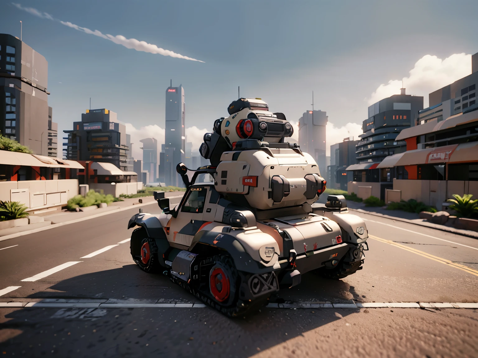 masterpiece, best quality, ultra detailed, vehicle, dutch angle, white and red colored heavy tank, view from back street, cyberpunk city