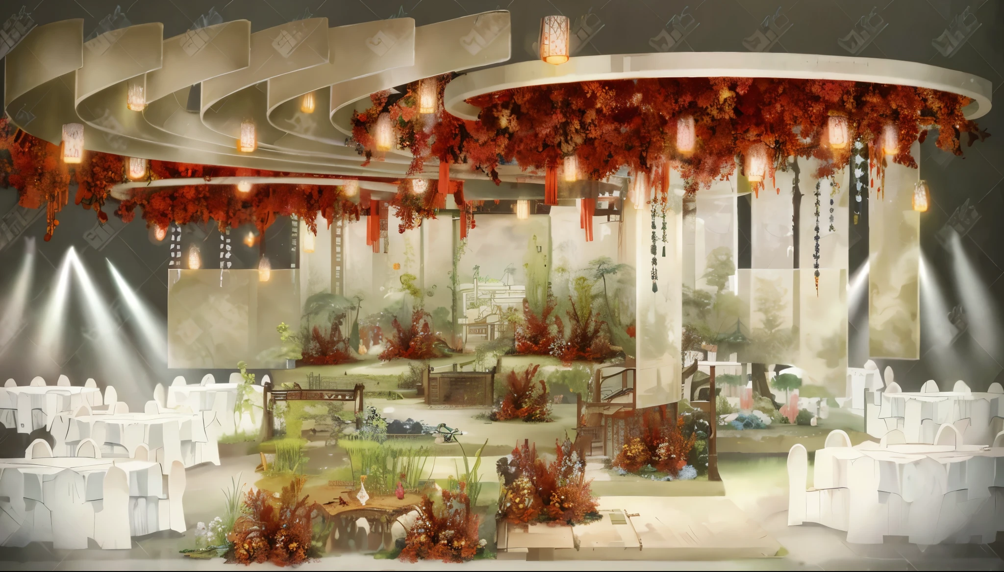 Wedding scene,stools,a chinese wedding,Floralism,fences,Anime Landscape Concept Art, 动漫background art, magical environment, background art, landscape artwork, fantasy magic vegetation, fantasy style, Whimsical fantasy landscape art, in bloom greenhouse, nice environment, Dreamy and detailed, highly detailed figures,