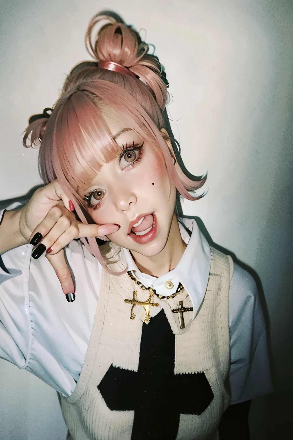 there is a woman con cabello negro and a cross sweater, she looks like a mix of Grimes, linda chica con pelo corto rosa, con cabello rosado, bella delfina, looks like a mix of Grimes, Melanie Martinez, Cabello negeo y ojos cian., con flequillo completo, Grimes, sakura kinomoto, aya takano, overlord billie eilish