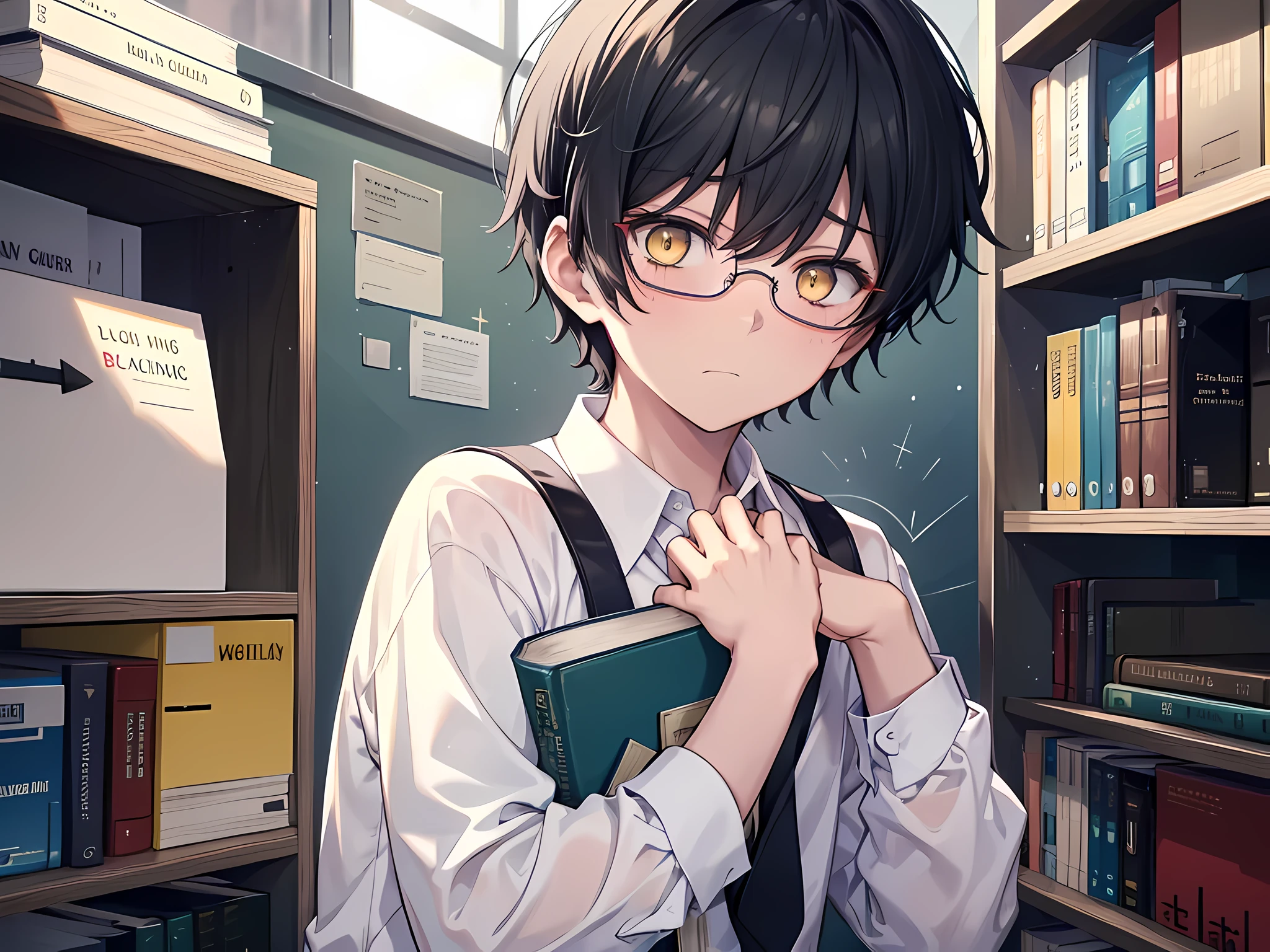 a weak boy with a black short hair, yellow eyes, rounded glasses, wearing white school shirt, scared facial expression, book worm, get bullied, loser at school, victim of bullying, weak, helpless, the background is at school library