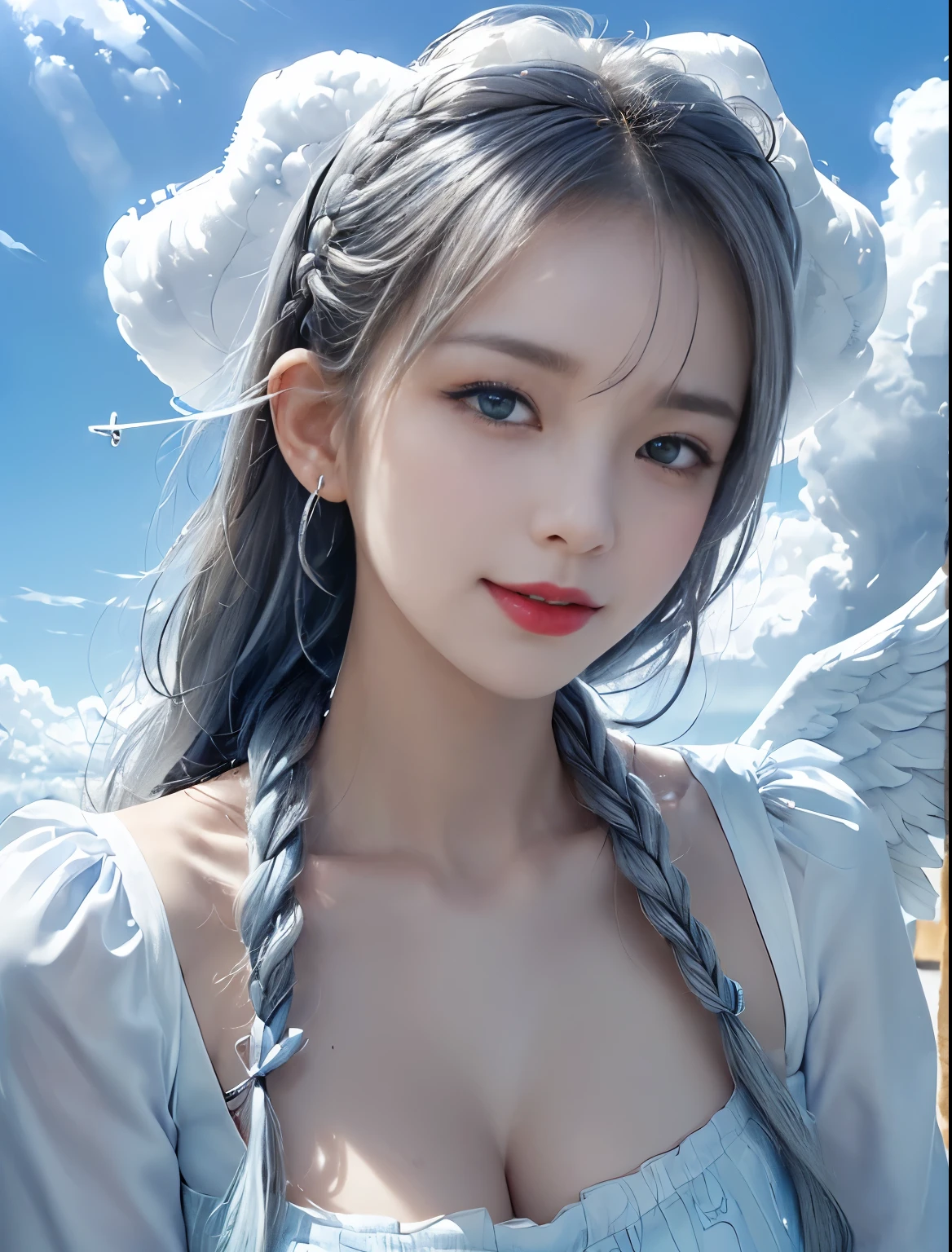 （(Only blue sky and clouds on background:1.8)）、（(sky ring of angels above your head:1.8)）、（(Stand on the clouds:1.5)）、（(cowboy shot:1.5)）、（(bangs:1.6)）、（(Photo from below:1.2)）、（(1 girl:1.8)）、（(solo:1.8)）、break（(slender body:1.2)）、（(Moderate:1.2,Cleavage 1.2)）,break（Wearing a white fur coat:1.5,white tight mesh dress:1.5）,break（large white angel wings on the back:1.5）、（(Stand on the cloudsポーズ:1.5)）、Photo from the front:1.5、8k wallpaper、Super high resolution,break（(photorealistic stick:1.4)）,table top,highest quality,perfect lighting,detailed lighting,dramatic light and shadow,ray tracing,break（perfect anatomy:1.4）、（(looking at the viewer)）、detailed face、detailed eye、detailed clavicle、skin that looks real、break（20-year-old）、（(laughter:1.1)）、（(Silver semi-long:1.5,Braiding the head:1.3)）、（aqua blue eyes、eyeliner、red lips）