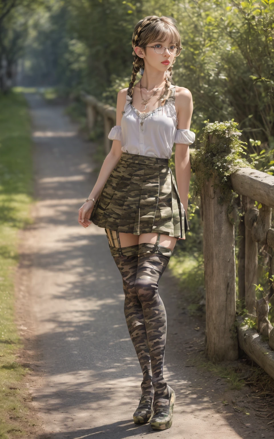 (8K, Masterpiece, RAW photo, Best quality, detail:1.3), (ultra realistic Natural background, scenary:1.5), Depth of field, Cinematic light, (ultra realistic perfect beautiful face:1.6), (1 picture of 1 solo girl Airim Jones:1.6), 1girl, (Beautiful and elegant Russian girl), (skinny girl with glasses), (European face:1.3), (perfect complete full body:1.6), (full body shot including shoes:1.6), (perfect [frontal view|side profile|back profile]:1.5), (small necklace, collarbone:1.1), ( [bangs|pigtails|bob|pixie|braids] hair:1.5), (ultra detailed skin:1.4), (sexy minitop:1.5), (soft fabric miniTop:1.5), (soft fabric mate color skirt:1.5), (Camo Skirt:1.5), (perfect standing pose:1.5), (sexy outfit:1.5), (tight stockings:1.5), (perfect legs:1.5)