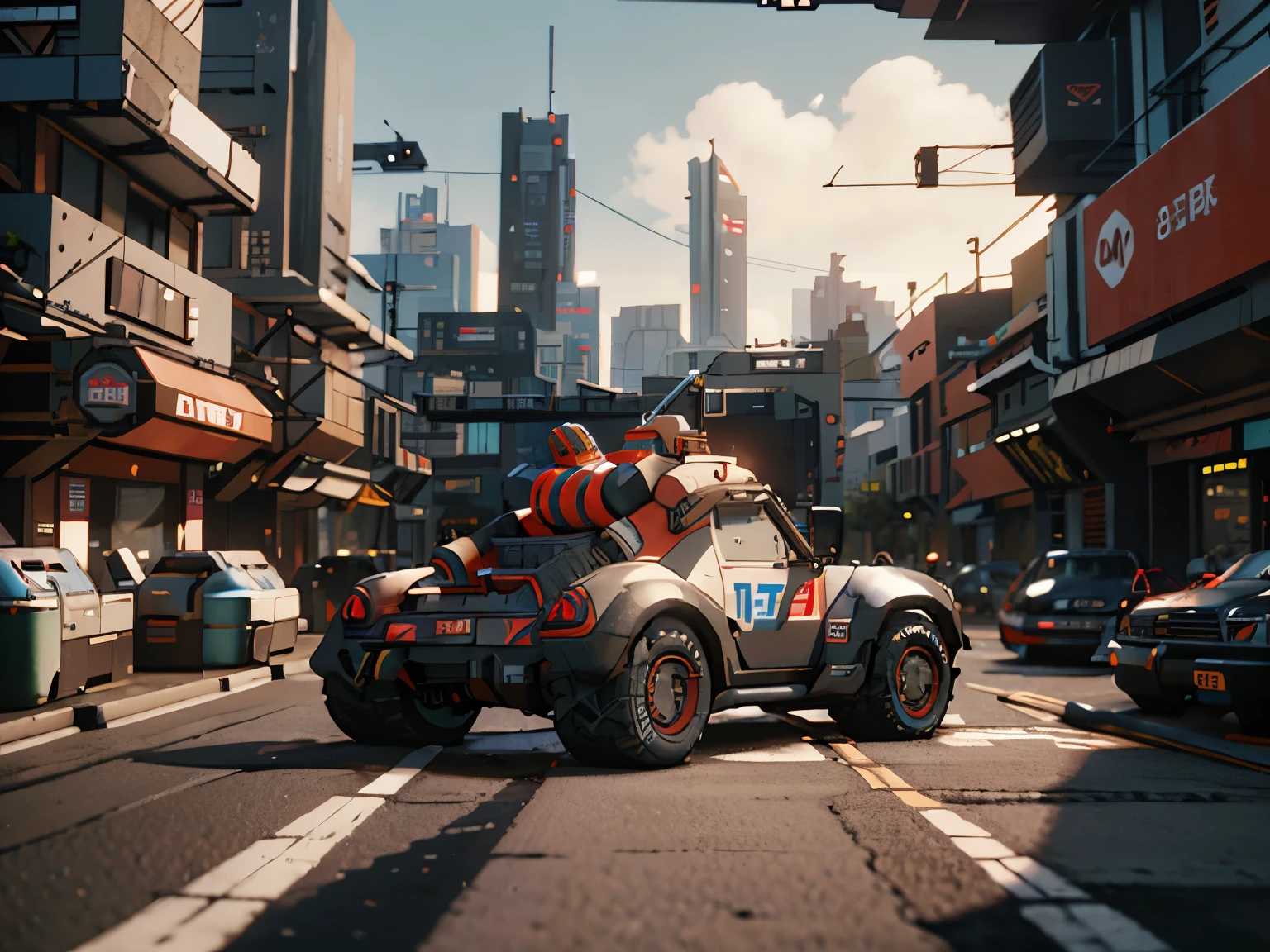 masterpiece, best quality, ultra detailed, vehicle, dutch angle, white and red colored heavy tank, view from back street, cyberpunk city