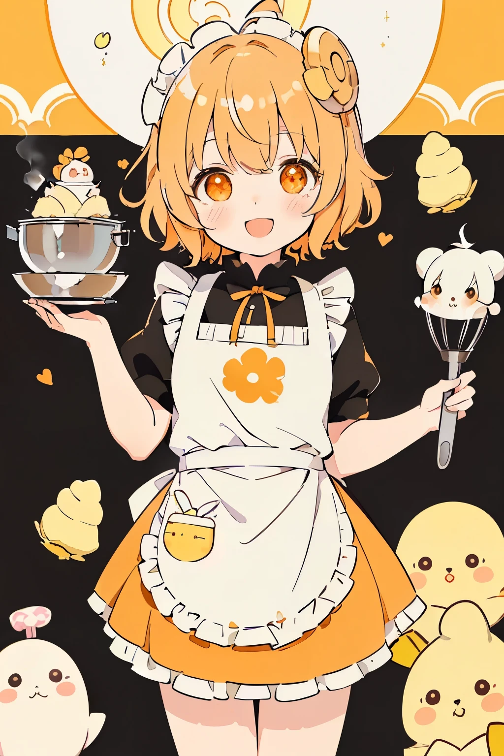 (Chibi:1.15),girl,blush,(swirly hair:1.35),(Fluffy short hair:1.2),(butter shaped hair ornament:1.3),(A big smile:1.35),(orange heart-like eyes:1.3),(smiling with open mouth:1.25),(A fantasy atmosphere with kitchen utensils such as ladles and frying pans flying around.:1.25),(A cute silhouette costume with an apron with lots of frills:1.3),(Naked apron style:1.25),(Cute pose with hand on side of face:1.3),(Burikko:1.3),(close up of face:1.35),(Brightness:1.35),(Gentle sunlight:1.25),(Freshly steamed potato butter:1.25),(steaming potatoes:1.3),(Cute stuffed animals and sweets are flying around:1.3),(Colorful and cute POP atmosphere:1.2),