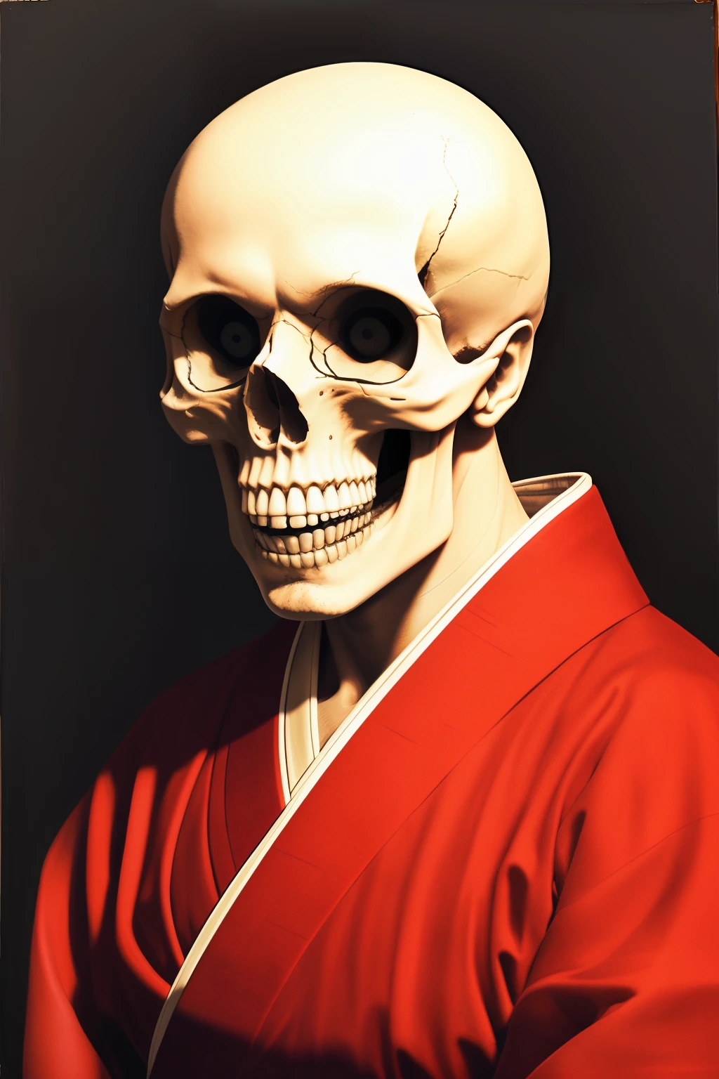 a portrait of a mad man in a red kimono,skull