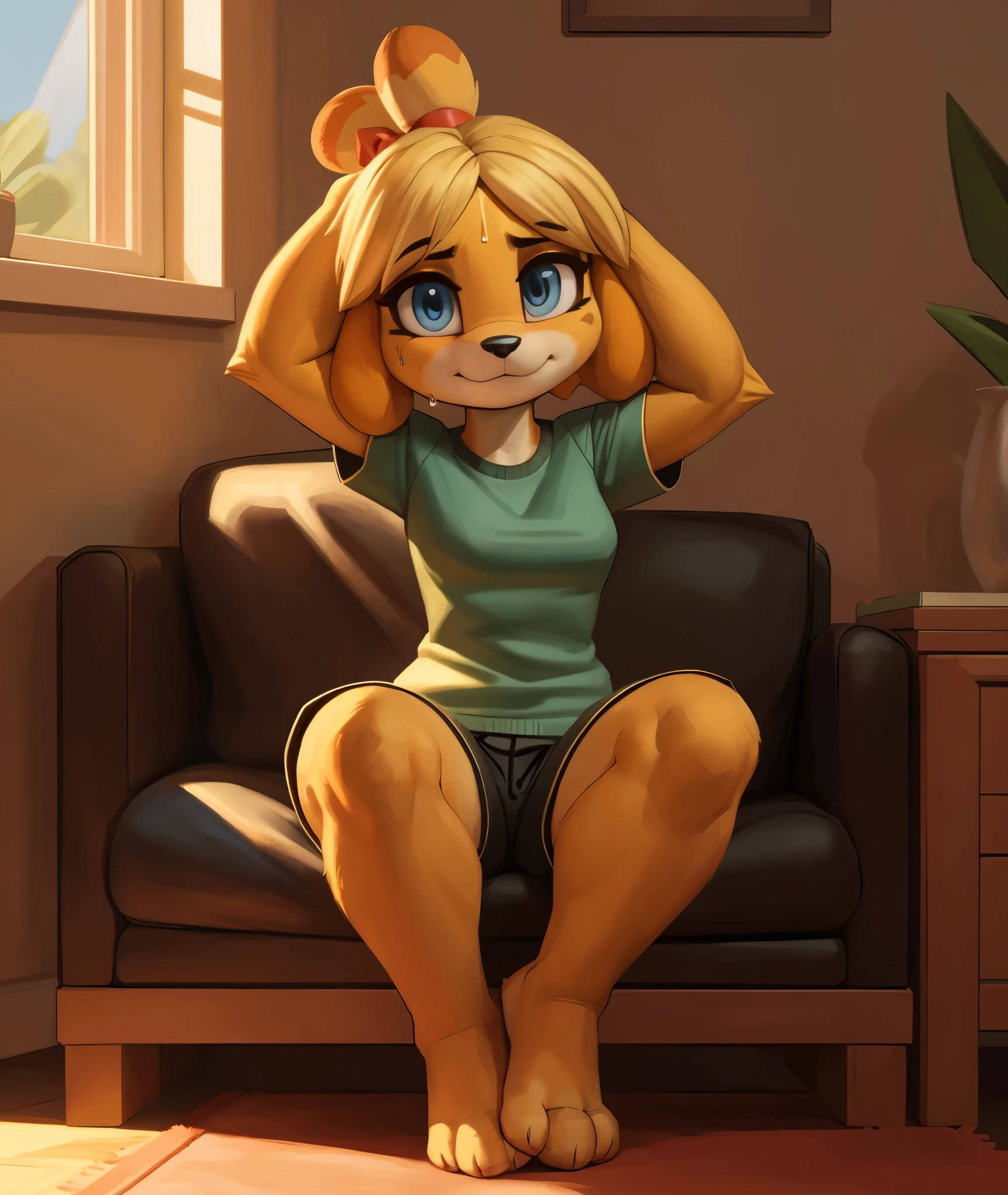 [isaCrossing], [Isabelle], [Animal Crossing], [Uploaded to e621.net; (Pixelsketcher), (wamudraws)], ((masterpiece)), ((HD)), ((high res)), ((solo portrait)), ((front view)), ((feet visible)), ((furry; anthro)), ((detailed fur)), ((detailed shading)), ((beautiful render art)), {anthro; (slim figure), yellow fur, black nose, (cute blue eyes), (blonde hair), (bells in hair), topknot, fluffy tail, (curvy hips), (sweat on forehead), (beautiful legs), (beautiful feet), (cute smirk)}, (nervous expression)}, {(red ribbon in hair), (green tee shirt), (orange lounge shorts)}, {(sitting on couch), (scratching head), (wiggling toes), (nervous demeanor), (looking at viewer)}, [background; (living room), (rug), (window), (blue sky), (sun rays), (ambient lighting)]