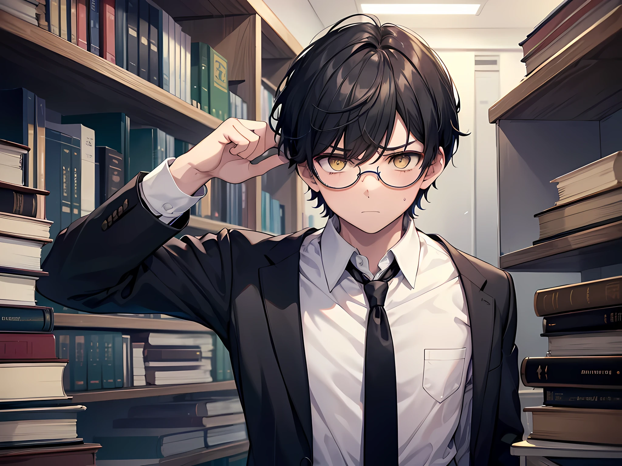 a weak boy with a black short hair, yellow eyes, rounded glasses, wearing white school shirt and black tie, scared facial expression, book worm, get bullied, loser at school, victim of bullying, weak, helpless, the background is at school library
