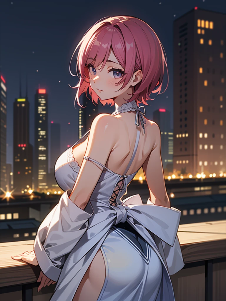 8K,Sophisticated,Beauty, erotic body, Mature、Cute type, anime、 night background, cute clothes, midnight, big breasts, short hair,,pinkhair,