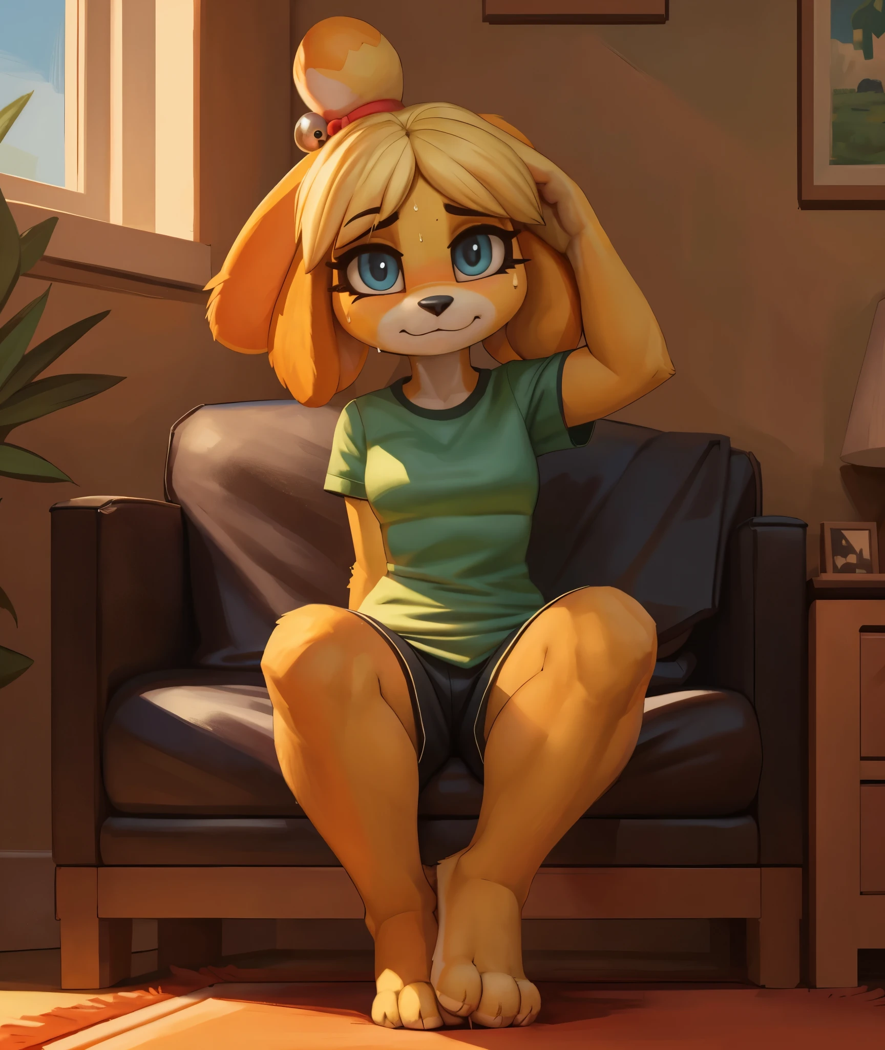 [isaCrossing], [Isabelle], [Animal Crossing], [Uploaded to e621.net; (Pixelsketcher), (wamudraws)], ((masterpiece)), ((HD)), ((high res)), ((solo portrait)), ((front view)), ((feet visible)), ((furry; anthro)), ((detailed fur)), ((detailed shading)), ((beautiful render art)), {anthro; (slim figure), yellow fur, black nose, (cute blue eyes), (blonde hair), (bells in hair), topknot, fluffy tail, (curvy hips), (sweat on forehead), (beautiful legs), (beautiful feet), (cute smirk)}, (nervous expression)}, {(red ribbon in hair), (green tee shirt), (orange lounge shorts)}, {(sitting on couch), (scratching head), (wiggling toes), (nervous demeanor), (looking at viewer)}, [background; (living room), (rug), (window), (blue sky), (sun rays), (ambient lighting)]