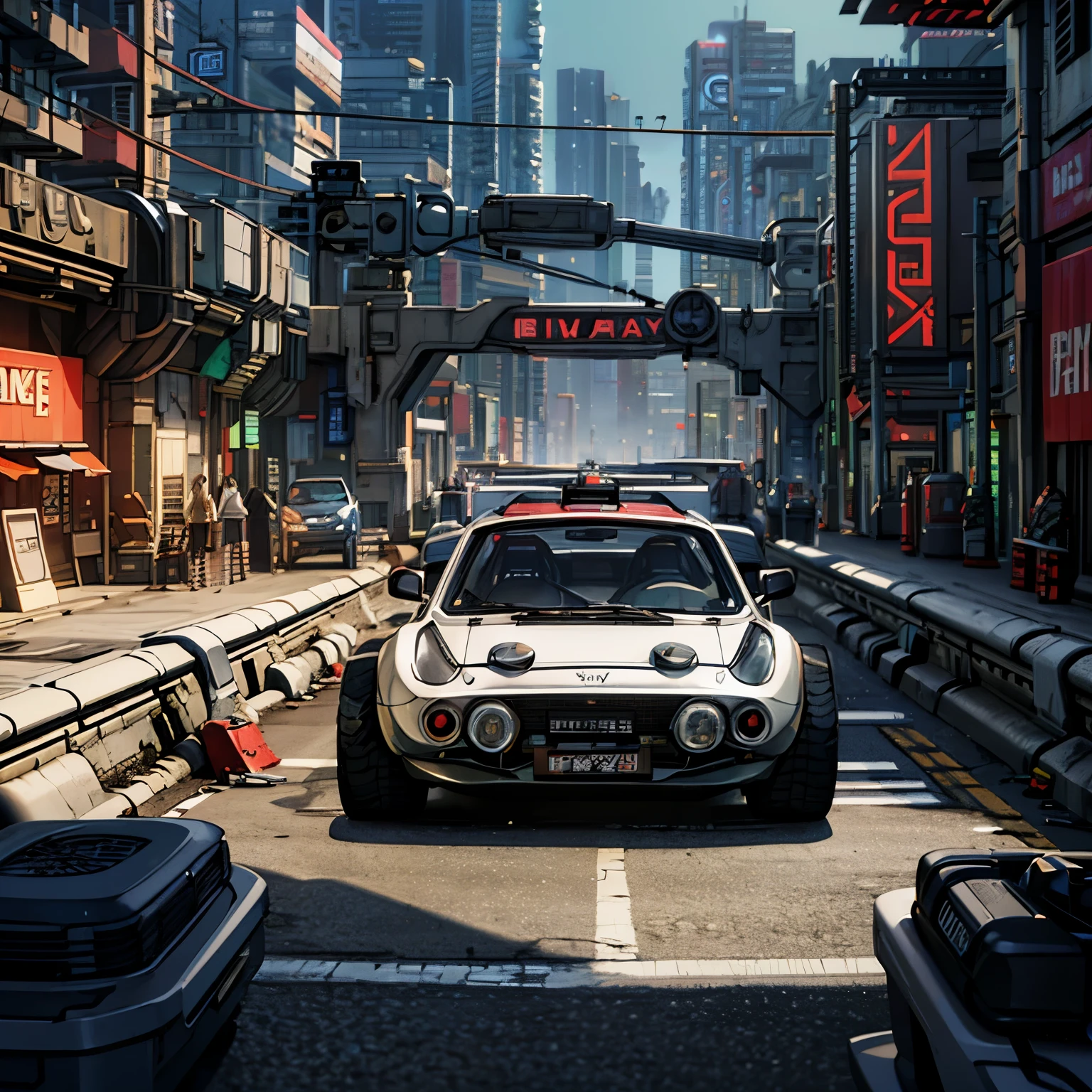 masterpiece, best quality, ultra detailed, vehicle, isometric projection, quarter view, white and red colored super car, view from back street, cyberpunk city