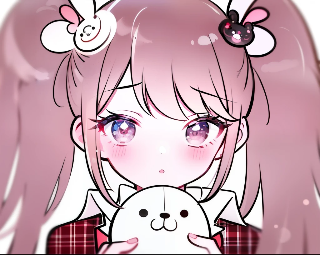 round image, caizi touxiang, 1girl, heart, solo, hair ornament, virtual youtuber, symbol-shaped pupils, ahoge, brown hair, heart-shaped pupils, stuffed toy, long hair, plaid, blush, stuffed animal, bangs, brown eyes, shirt, holding, outline, heart ahoge, white outline, holding stuffed toy, stuffed bunny, plaid shirt, upper body, collared shirt, chibi, parted lips, rabbit hair ornament, looking at viewer, long sleeves, simple background, sparkle, unmoving pattern, hairclip