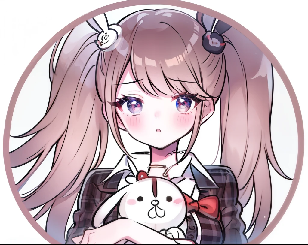 round image, caizi touxiang, 1girl, heart, solo, hair ornament, virtual youtuber, symbol-shaped pupils, ahoge, brown hair, heart-shaped pupils, stuffed toy, long hair, plaid, blush, stuffed animal, bangs, brown eyes, shirt, holding, outline, heart ahoge, white outline, holding stuffed toy, stuffed bunny, plaid shirt, upper body, collared shirt, chibi, parted lips, rabbit hair ornament, looking at viewer, long sleeves, simple background, sparkle, unmoving pattern, hairclip
