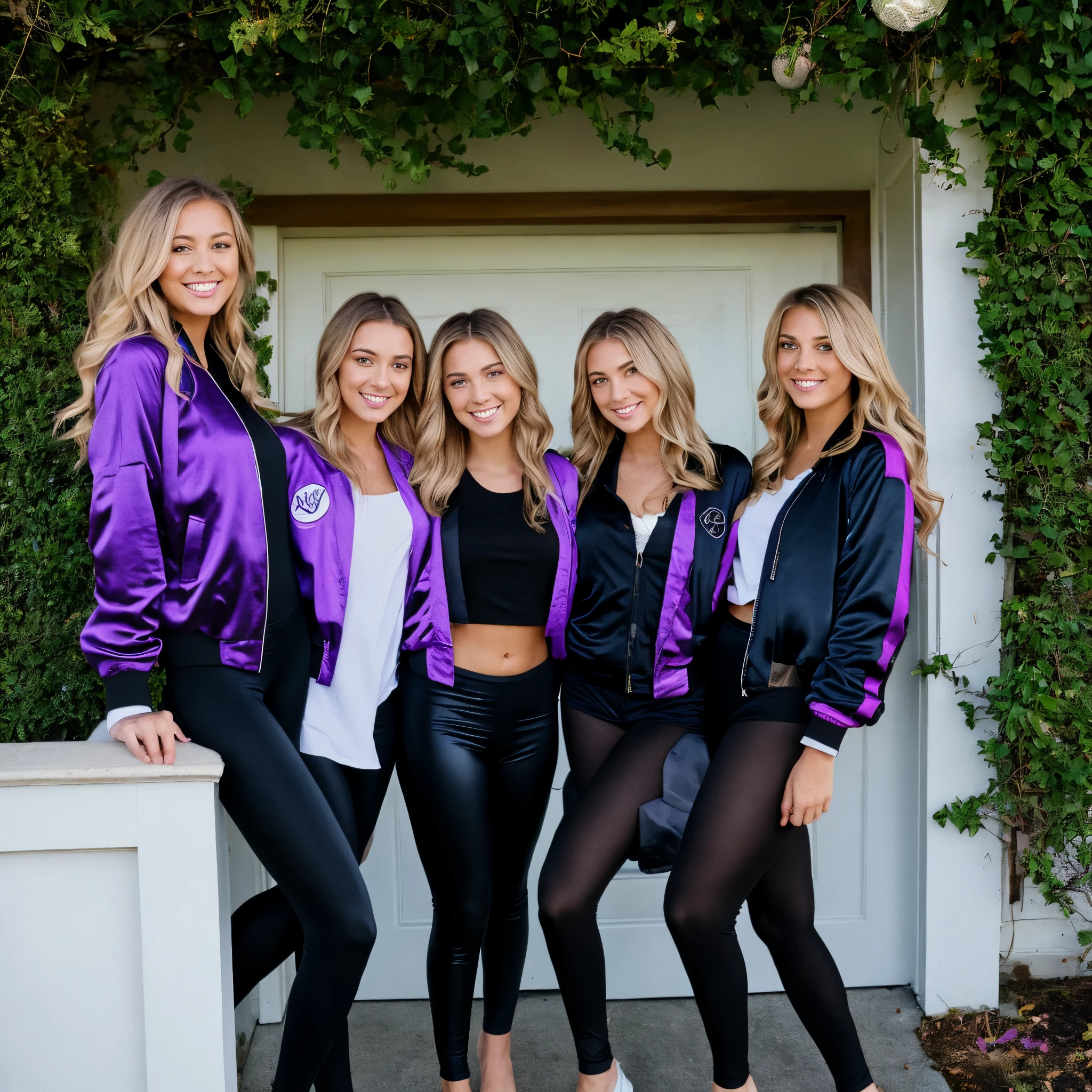 camera is inside house looking out open front door, door frame visible, front yard in background. group of three young sorority women, beautiful eyes, long flowing blonde hair, (purple and black satin bomber jackets), satin leggings, smiling, full body shot, standing outside house looking into house, night time light