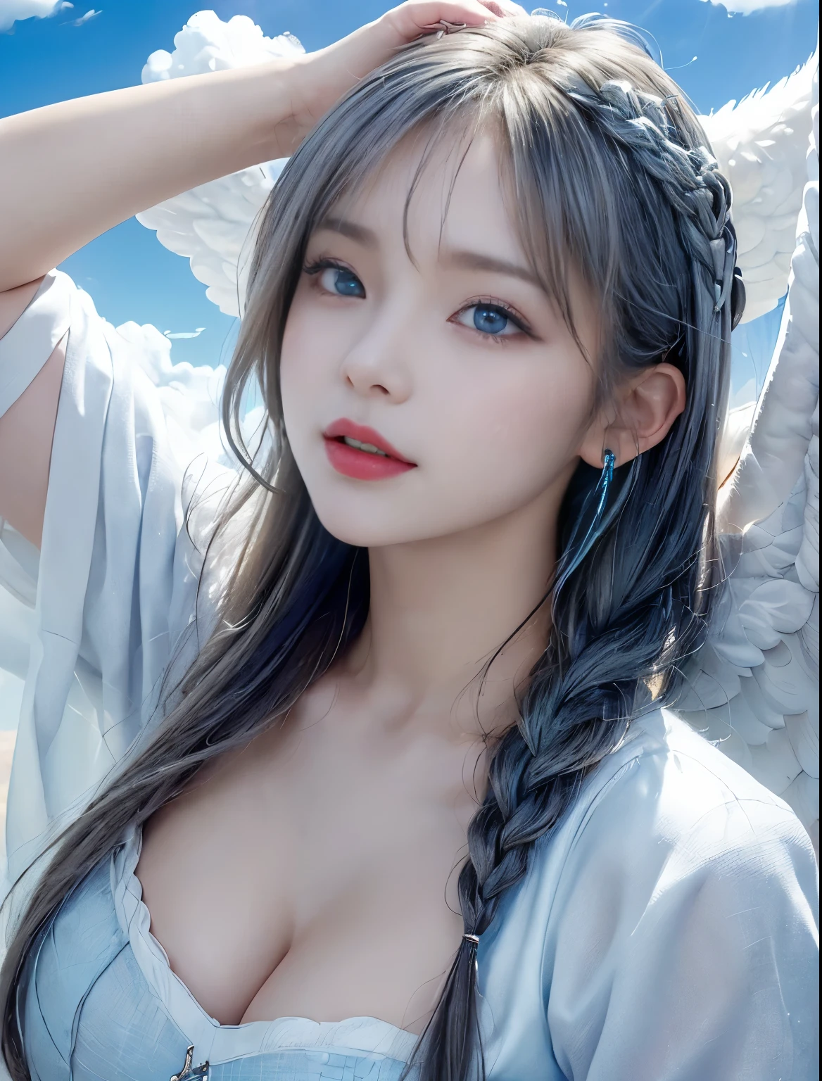 （(Only blue sky and clouds on background:1.8)）、（(sky ring of angels above your head:1.8)）、（(Stand on the clouds:1.5)）、（(cowboy shot:1.5)）、（(bangs:1.6)）、（(Photo from below:1.2)）、（(1 girl:1.8)）、（(solo:1.8)）、break（(slender body:1.2)）、（(Moderate:1.2,Cleavage 1.2)）,break（Wearing a white fur coat:1.5,white tight mesh dress:1.5）,break（large white angel wings on the back:1.5）、（(Stand on the cloudsポーズ:1.5)）、Photo from the front:1.5、8k wallpaper、Super high resolution,break（(photorealistic stick:1.4)）,table top,highest quality,perfect lighting,detailed lighting,dramatic light and shadow,ray tracing,break（perfect anatomy:1.4）、（(looking at the viewer)）、detailed face、detailed eye、detailed clavicle、skin that looks real、break（20-year-old）、（(laughter:1.1)）、（(Silver semi-long:1.5,Braiding the head:1.3)）、（aqua blue eyes、eyeliner、red lips）