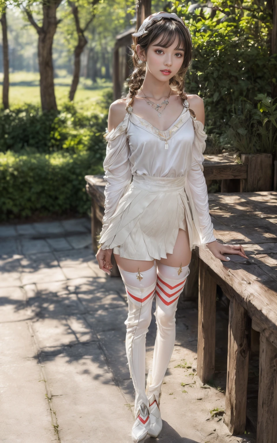 (8K, Masterpiece, RAW photo, Best quality, detail:1.3), (ultra realistic Natural background, scenary:1.5), Depth of field, Cinematic light, (ultra realistic perfect beautiful face:1.6), (1 picture of 1 solo girl Airim Jones:1.6), 1girl, (Beautiful and elegant Russian girl), (skinny girl with glasses), (European face:1.3), (perfect complete full body:1.6), (full body shot including shoes:1.6), (perfect [frontal view|side profile|back profile]:1.5), (small necklace, collarbone:1.1), ( [bangs|pigtails|bob|pixie|braids] hair:1.5), (ultra detailed skin:1.4), (sexy minitop:1.5), (soft fabric miniTop:1.5), (soft fabric mate color skirt:1.5), (Chevron Skirt:1.6), (perfect standing pose:1.5), (sexy outfit:1.5), (tight stockings:1.5), (perfect legs:1.5)