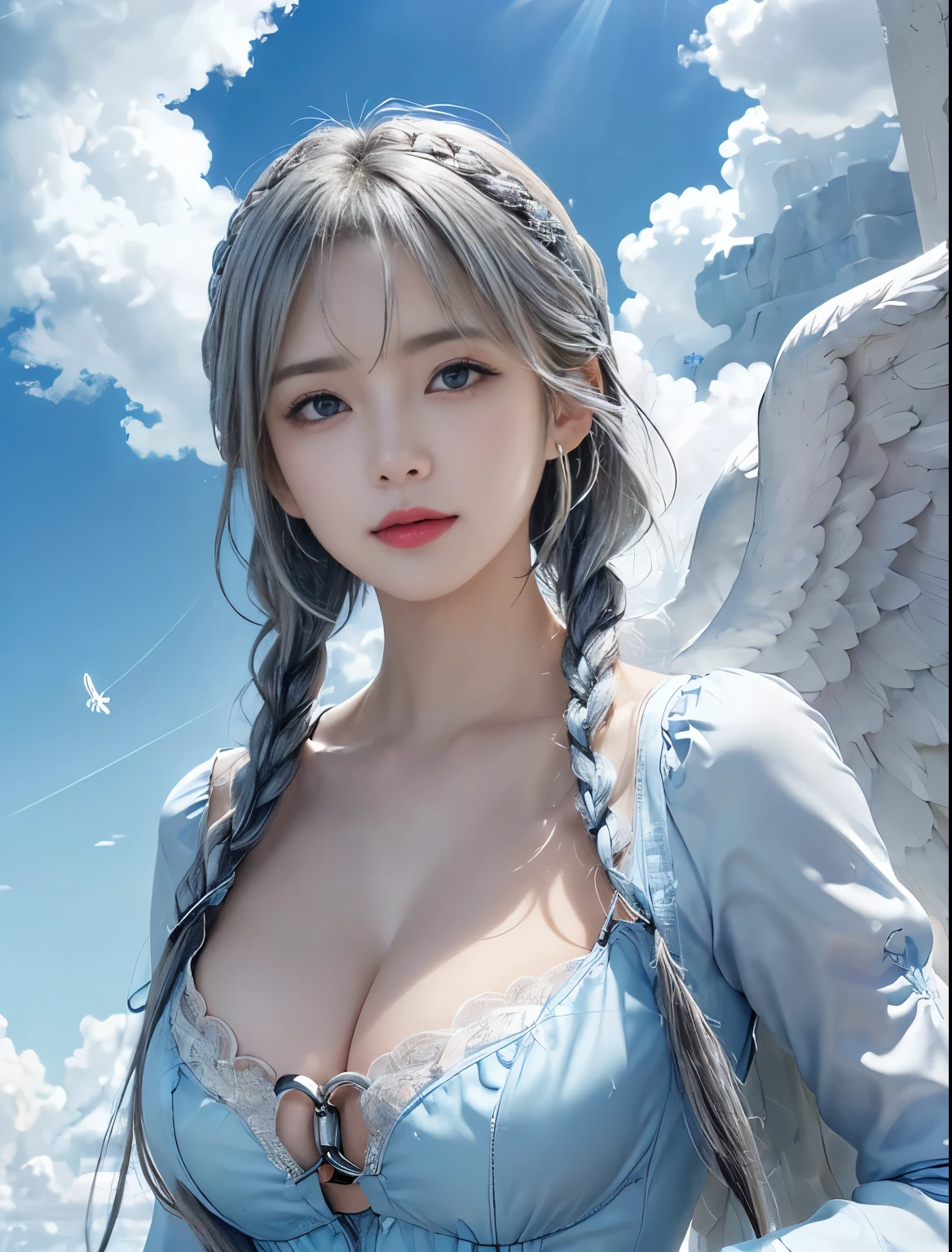 ((Only blue sky and clouds on background:1.8))、((sky ring of angels above your head:1.8))、((Stand on the clouds:1.5))、((cowboy shot:1.5))、((bangs:1.6))、((Photo from below:1.2))、((1 girl:1.8))、((solo:1.8))、break((slender body:1.2))、((Moderate:1.2,Cleavage 1.2)),break(Wearing a white fur coat:1.5,white tight mesh dress:1.5),break(large white angel wings on the back:1.5)、((Stand on the cloudsポーズ:1.5))、Photo from the front:1.5、8k wallpaper、Super high resolution,break((photorealistic stick:1.4)),table top,highest quality,perfect lighting,detailed lighting,dramatic light and shadow,ray tracing,break(perfect anatomy:1.4)、((looking at the viewer))、detailed face、detailed eye、detailed clavicle、skin that looks real、break(20-year-old)、((laughter:1.1))、((Silver semi-long:1.5,Braiding the head:1.3))、(aqua blue eyes、eyeliner、red lips)