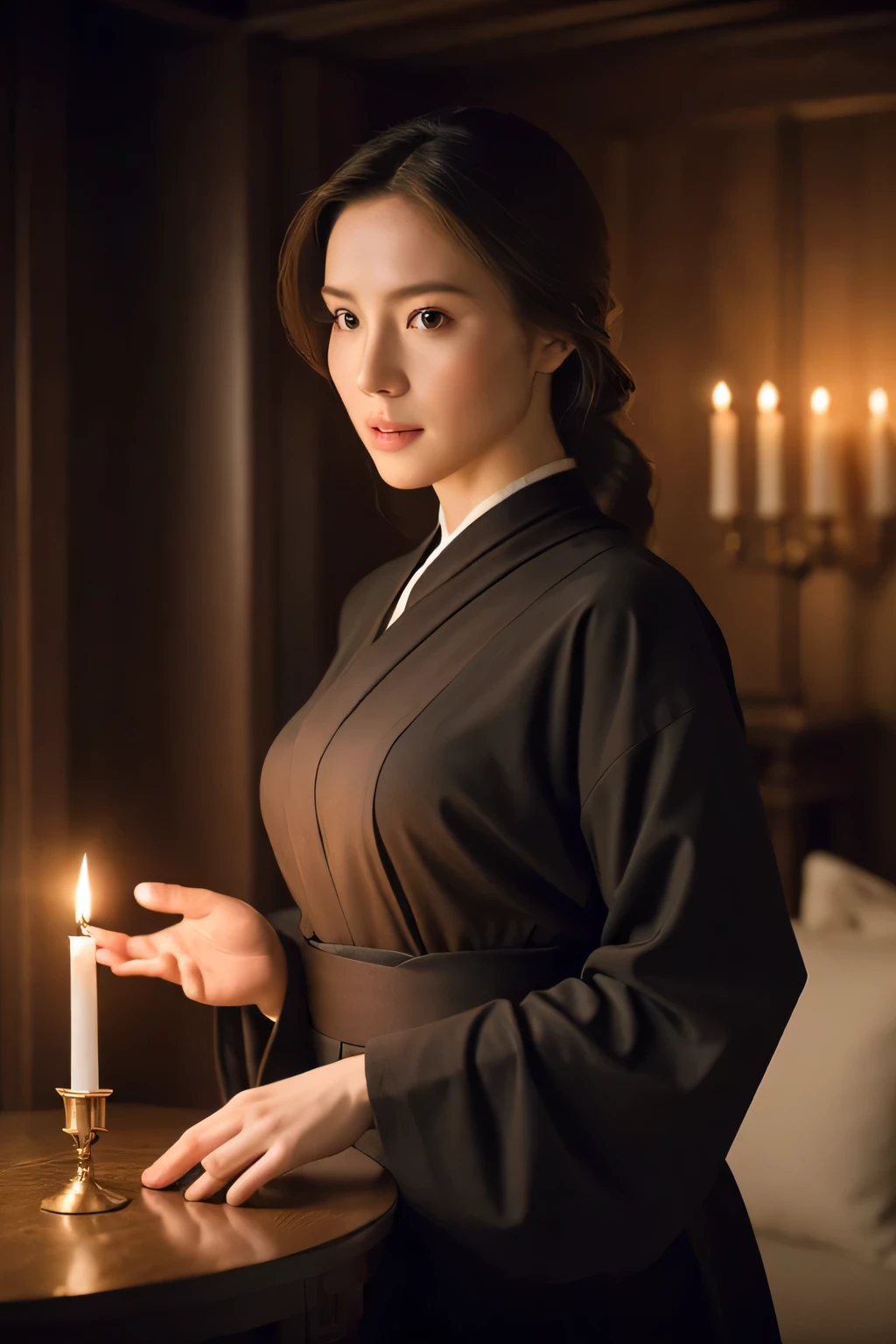 (highest quality,8K,masterpiece),
dynamic shot,magician,Pose with movement,dynamic pose,
candleの光,candle,
perfect face,realistic skin,perfect hands,
big breasts,
Wearing monk's clothes,Detailed details,intricate details,
professional lighting,
In Building,ancient city,Luxurious castle