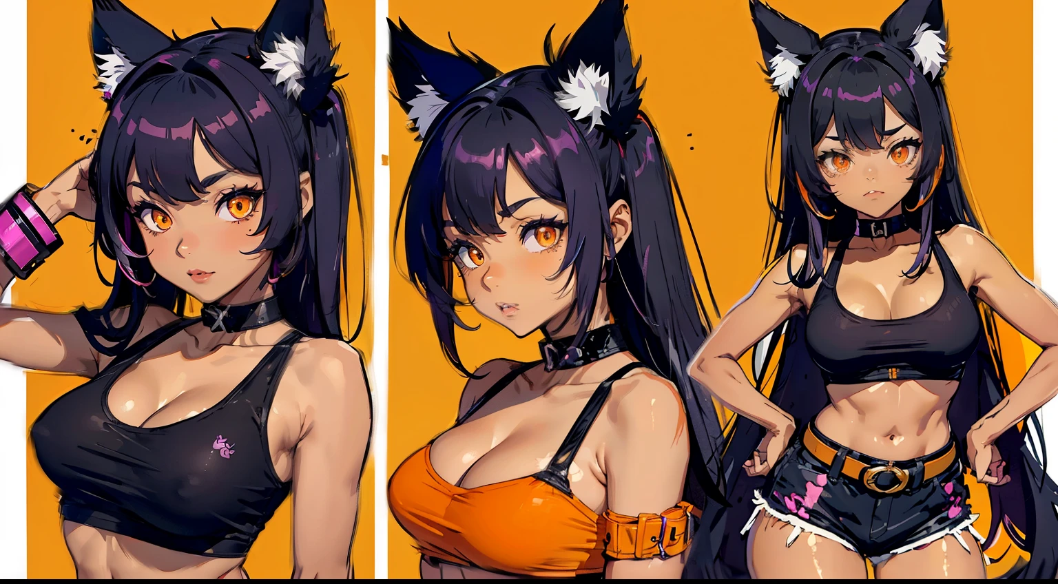 Jahy adult form with medium breasts, wearing a dark purple top sexy, cat like ears to the sides, teeth like a cat, (light tanned skin), (orange colored cat like eyes), (sfw), (detailed eyes), dark purple hair, wearing black short shorts with a yellow belt buckle, 