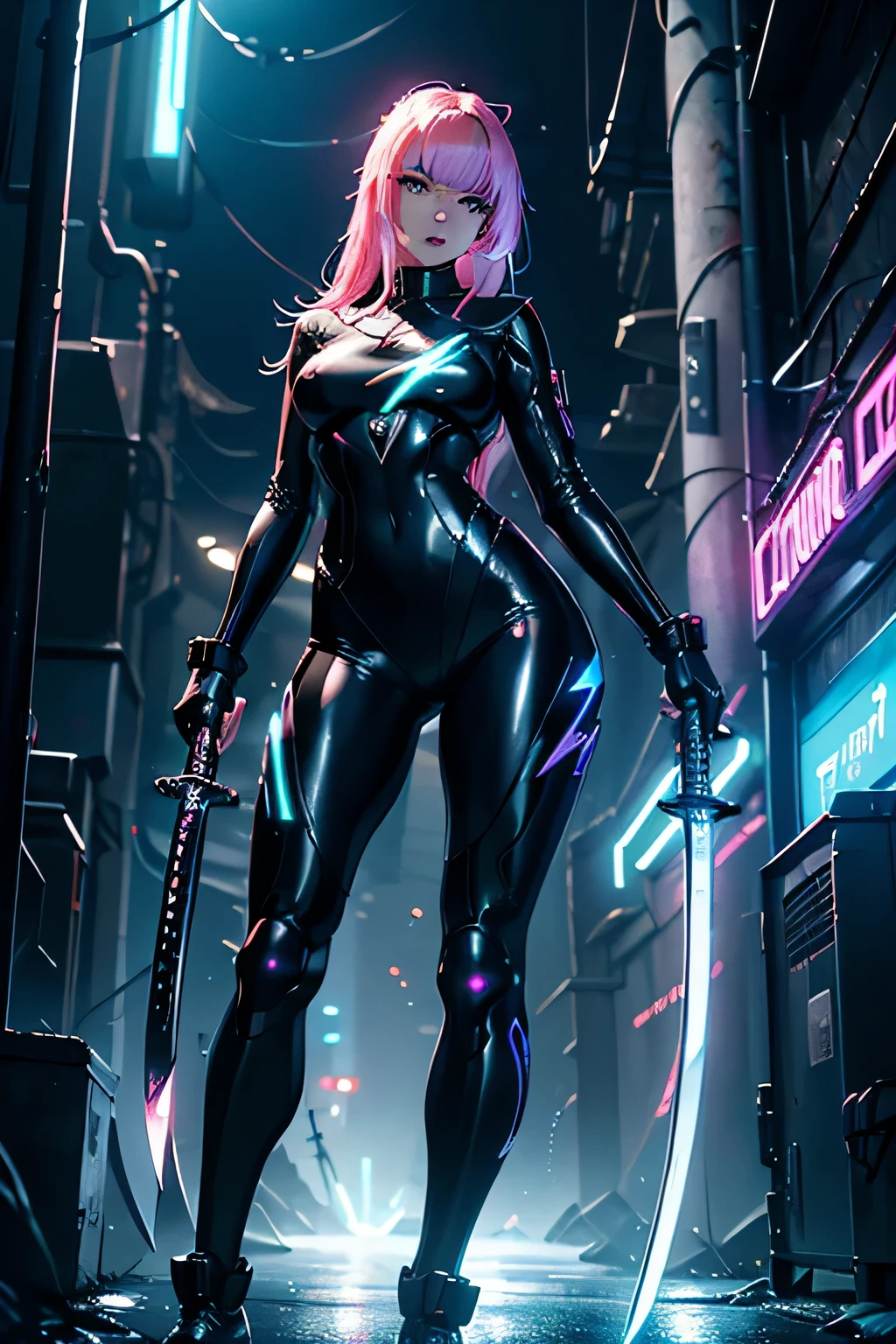 8K, High Res, Ray Tracing, ((1girl 25 years old with Futuristic Chrome Cybernatic Body)) at neon back alley, Detailed Beautiful Face, neon highlighted Hair, ((Lascivious Pose and expression)), ((1Girl Holding a Lightning Katana)), Slender body, Full body view, view from side, (Dim lit watery environment)