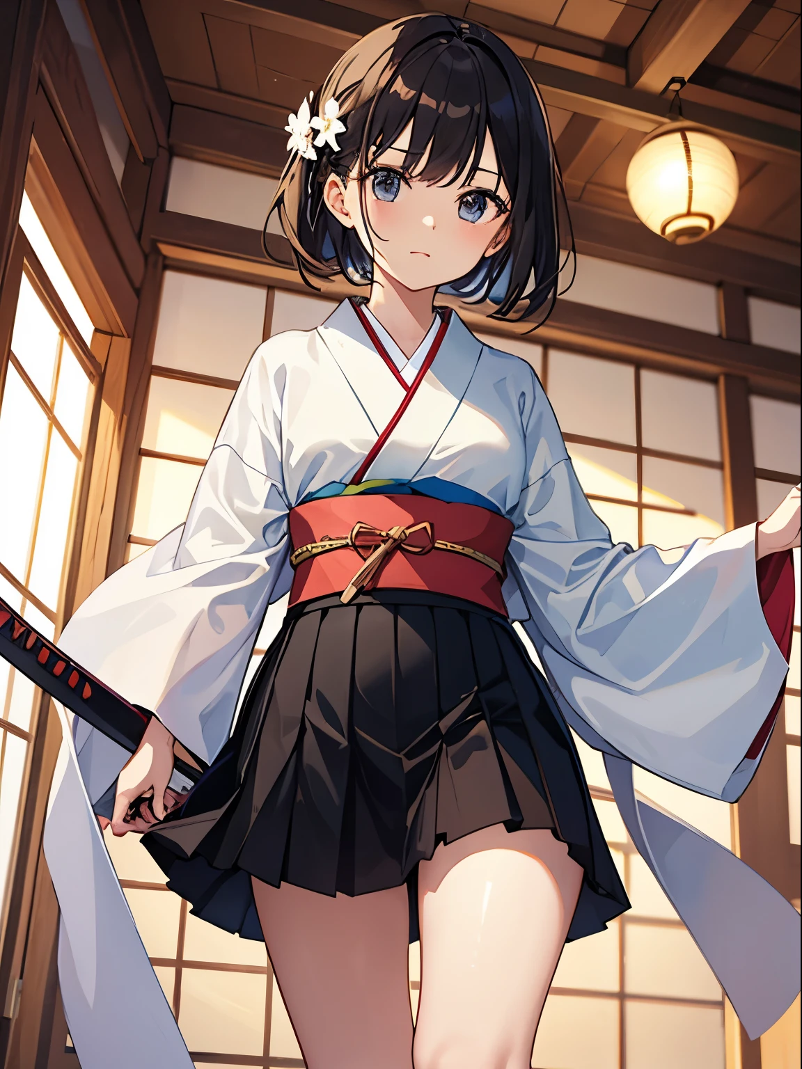 white kimono,hakama, same as skirt, black skirt,1 girl, alone, dojo、Japan have a sword