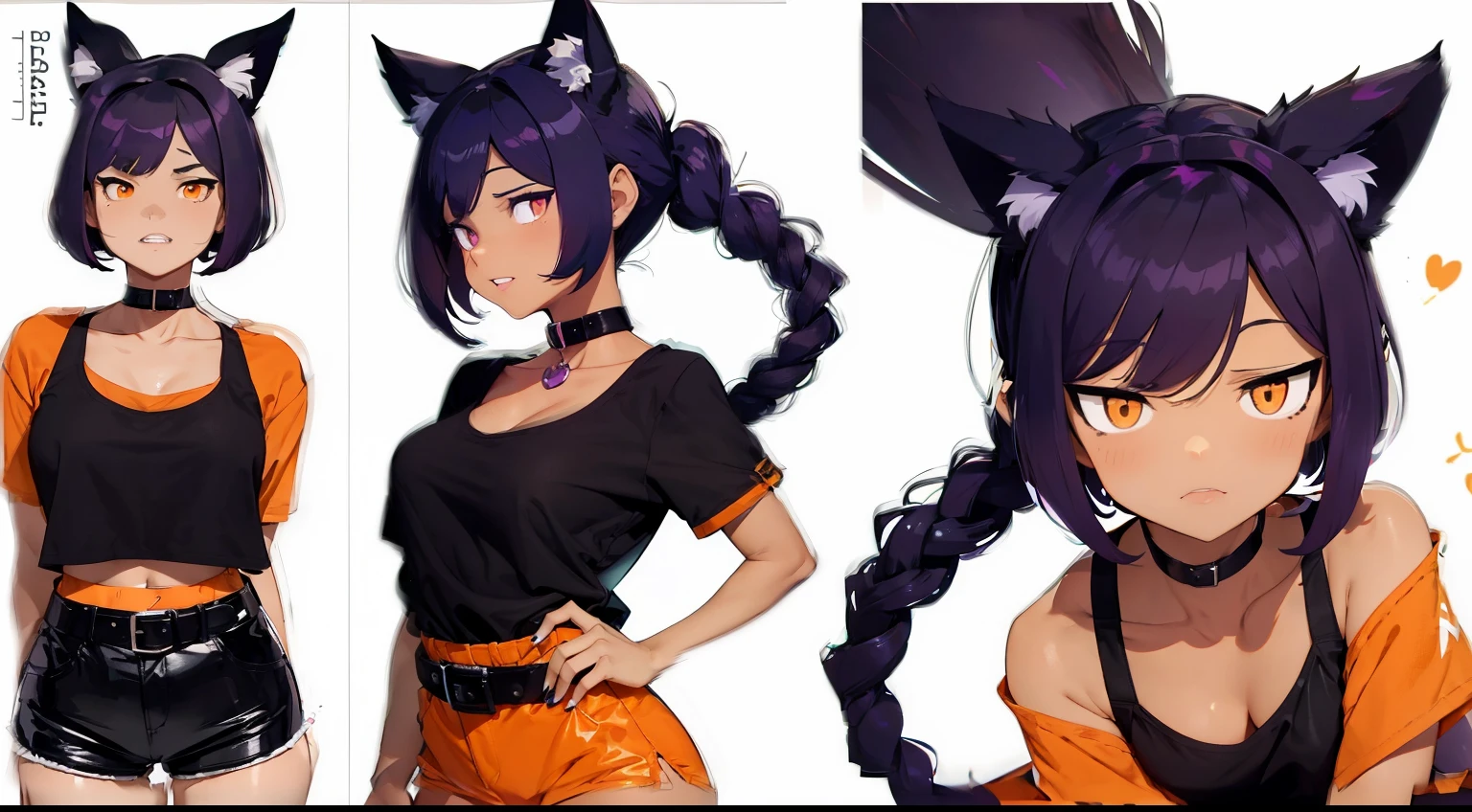 Jahy adult form with medium breasts, wearing a dark purple top sexy, cat like ears to the sides, teeth like a cat, (light tanned skin), (orange colored cat like eyes), (sfw), (detailed eyes), dark purple hair, wearing black short shorts with a yellow belt buckle,