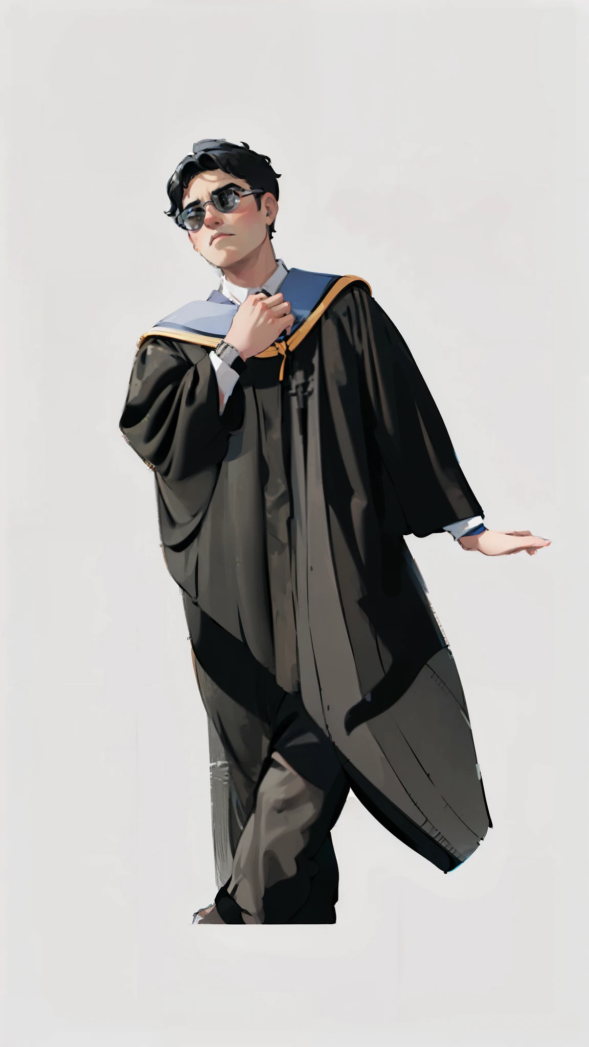 (masterpiece:1.2),illustration,lineart,high definition,texture,a man short black hair with sunglasses in black graduation gown ,warm color palette,soft lighting,detailed pencil strokes,delicate outlines,distinct shadows,subtle shading,impeccable attention to detail,highly realistic,artistic touches,vibrant and lifelike rendering,professional-level skill,white isolated background,warm and inviting atmosphere,peaceful and relaxed expression,sophisticated and elegant aesthetics.
