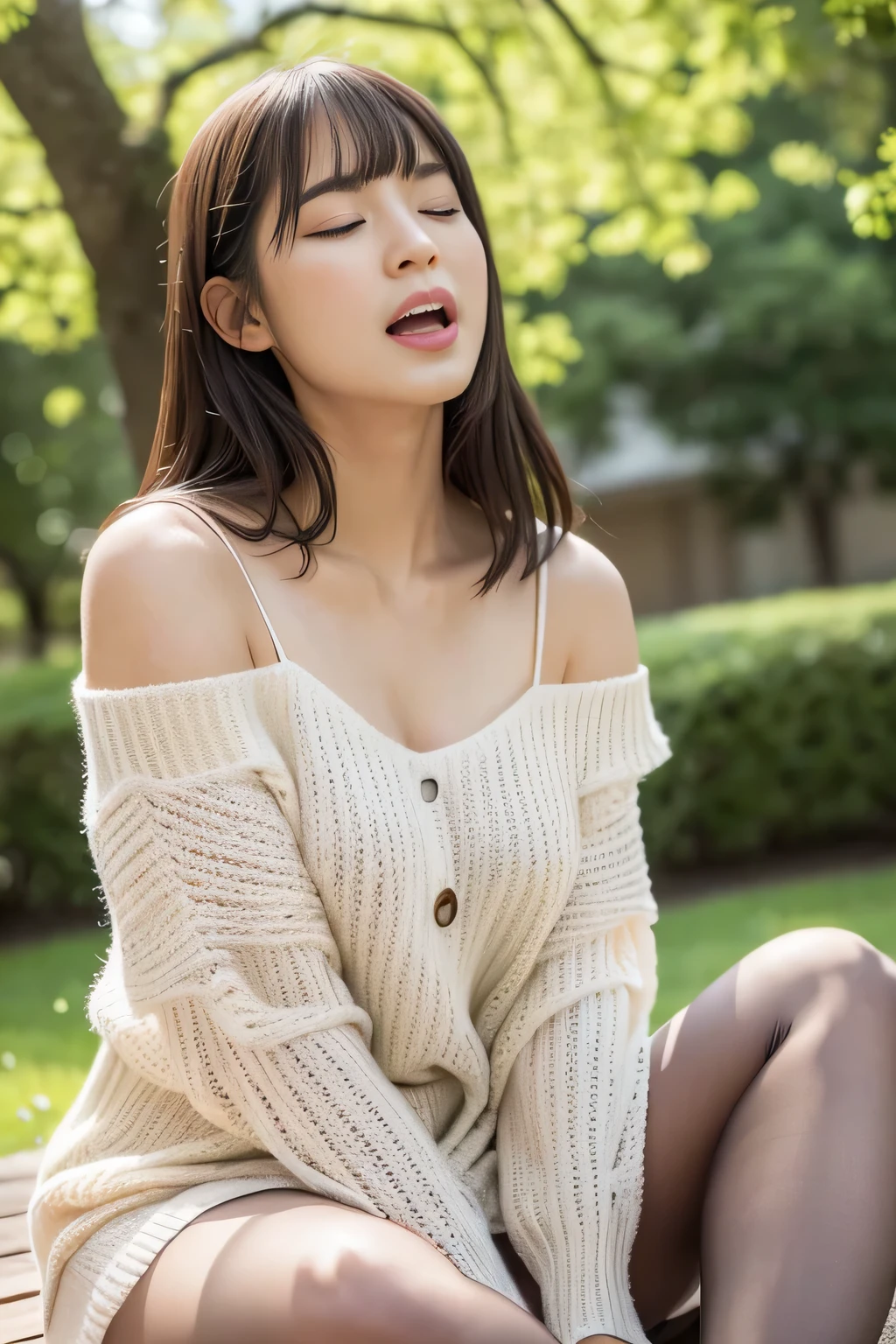 (((Highest image quality、highest quality、At 32K、ticker、Raw photo、very clear image、very clear image quality、photorealistic))),Scenery of scattered cherry blossoms，Beautiful 20s shoulder length sweater，lace pantyhose, Up and down, random color，long sweater，Climax、Climax、My pussy feels good、Raw photo with both eyes closed, cute face、body、Esbian、One camisole、looking up、plus size model、Feeling ecstasy、eyes closed、Deep sorrow、Sorrowful、look up at the sky、open your mouth、scream、 Depth of bounds written，real light，Ray tracing，OC renderer，UE5 renderer，super photographic，best quality，In 8K，works of masters，correct anatomy、sit、I feel very、Ahe face、feel ecstasy、Excited face、((地面にsit、Review 1.2、angle from below))