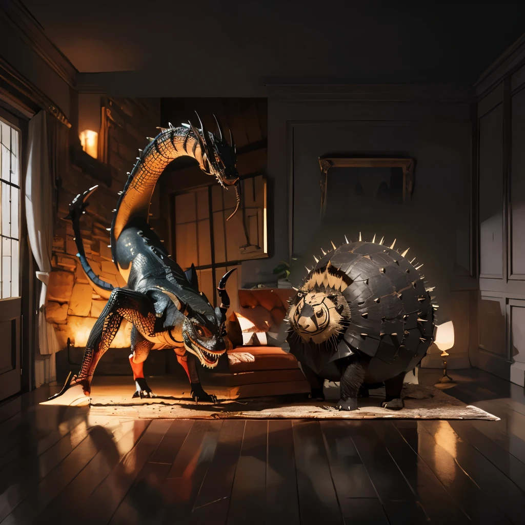 best quality, ultra high res, (photorealistic:1.4), The walls are painted in a deep, charcoal gray, creating an immersive and moody atmosphere (25%).
Lighting: Dim, ambient lighting emanates from strategically placed sconces with warm, low-intensity bulbs, casting subtle shadows across the room (20%).
Furniture: Minimalistic, modern furniture in dark wood or matte black, featuring clean lines and sleek design (15%).
Textures: Plush, velvet drapes in a rich, dark color add texture and a sense of opulence to the space (10%).
Décor: Intriguing and enigmatic art pieces, such as abstract paintings or sculptures, contribute to the room's mysterious vibe (10%).
Fire Anvil: A central feature in the room, a fire anvil adds an element of mystique. Positioned as a focal point, it emanates a warm, flickering flame, creating a captivating and somewhat eerie ambiance (20%).