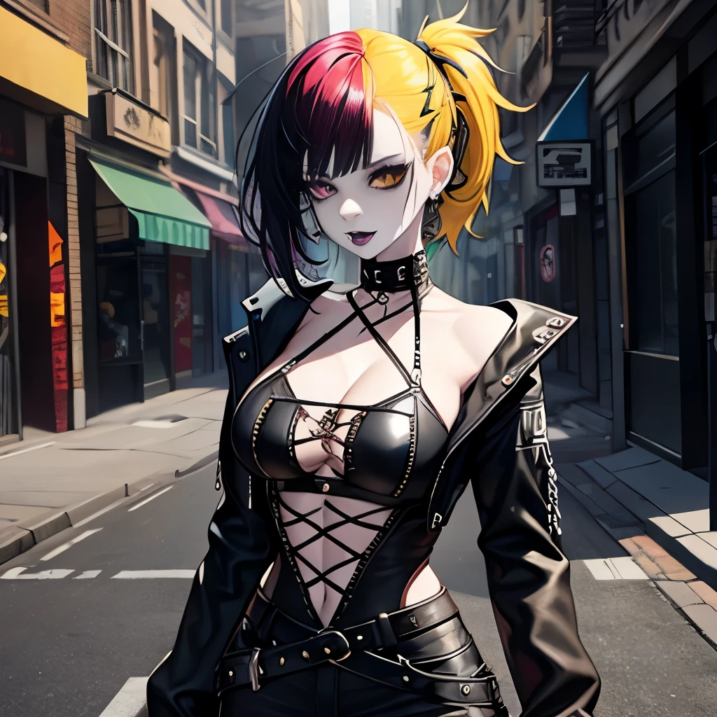 1girl, goth, excited, pale skin, smoky eyes, vivid colors, punk clothing, punk hairstyle, yellow hair, black lips, abandoned street, body view, large breasts