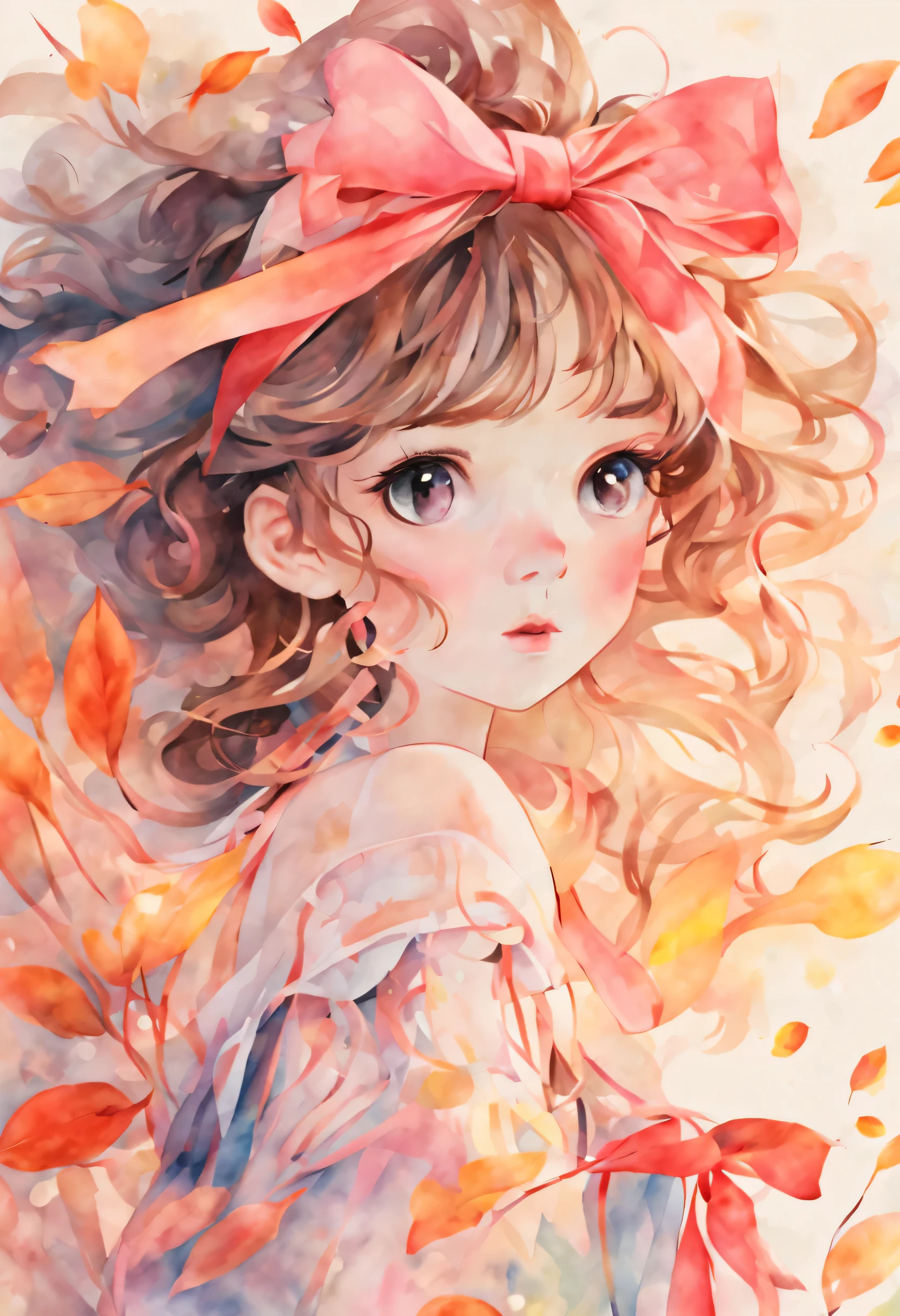 (8k, best quality, masterpiece:1.2),(best quality:1.0), (ultra highres:1.0), watercolor, a beautiful cute girl shoulder, hair ribbons, half body portrait, extremely luminous bright design, pastel colors, (ink:1.3), autumn lights,