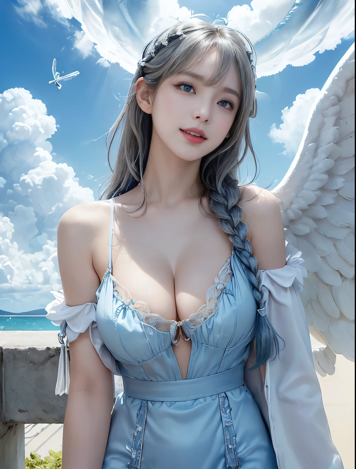 ((Only blue sky and clouds on background:1.8))、((sky ring of angels above your head:1.8))、((Stand on the clouds:1.5))、((cowboy shot:1.5))、((bangs:1.6))、((Photo from below:1.2))、((1 girl:1.8))、((solo:1.8))、break((slender body:1.2))、((Moderate:1.2,Cleavage 1.2)),break(Wearing a white fur coat:1.5,white tight mesh dress:1.5),break(large white angel wings on the back:1.5)、((Stand on the cloudsポーズ:1.5))、Photo from the front:1.5、8k wallpaper、Super high resolution,break((photorealistic stick:1.4)),table top,highest quality,perfect lighting,detailed lighting,dramatic light and shadow,ray tracing,break(perfect anatomy:1.4)、((looking at the viewer))、detailed face、detailed eye、detailed clavicle、skin that looks real、break(20-year-old)、((laughter:1.1))、((Silver semi-long:1.5,Braiding the head:1.3))、(aqua blue eyes、eyeliner、red lips)