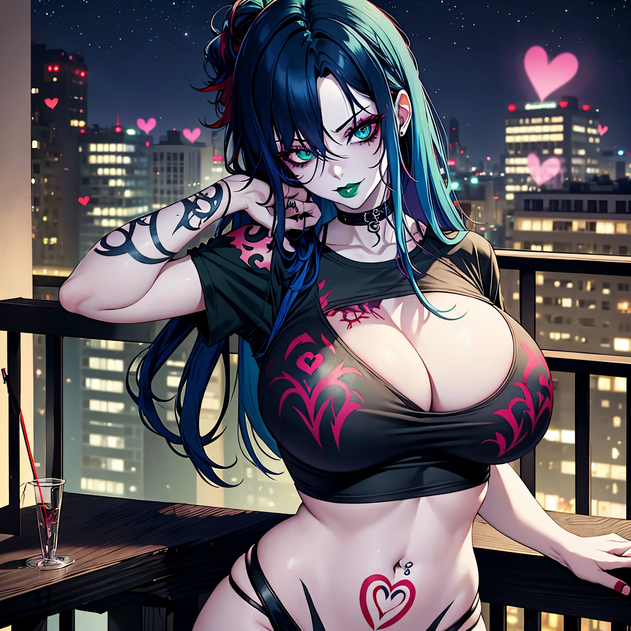 goth, excited, pale skin, smoky eyes, vivid colors, wild hairstyle, red and blue hair, green lips, hotel balcony at night, leaning over balcony, leaning, body view, huge breasts, womb tattoo, heart tattoo, ripped clothing, skull tshirt