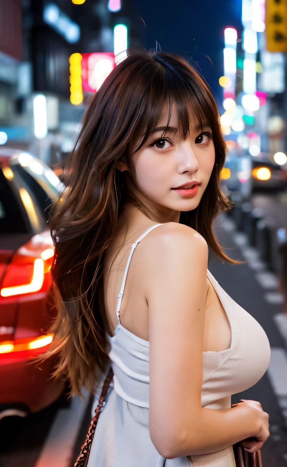 (highest quality,8K,masterpiece),
1 female, tokyo street,night, cityscape,city lights, 
Upper body,enlargement, RAW photo,realistic, photo-realistic,
big breasts,
parted bangs, long hair,