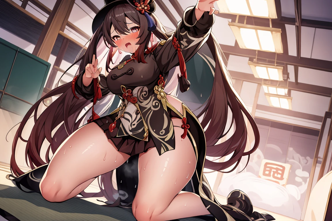 alone, 1 girl, masterpiece, best quality, Japanese cartoons, highly detailed back ground,blush,crouch,shy,blush,kneeling,original clothing,HuTaoV4,cheongsam,Magician hat,mid length skirt,open mouth,Slobber,sweat,frown,Uncomfortable expression,A patient expression